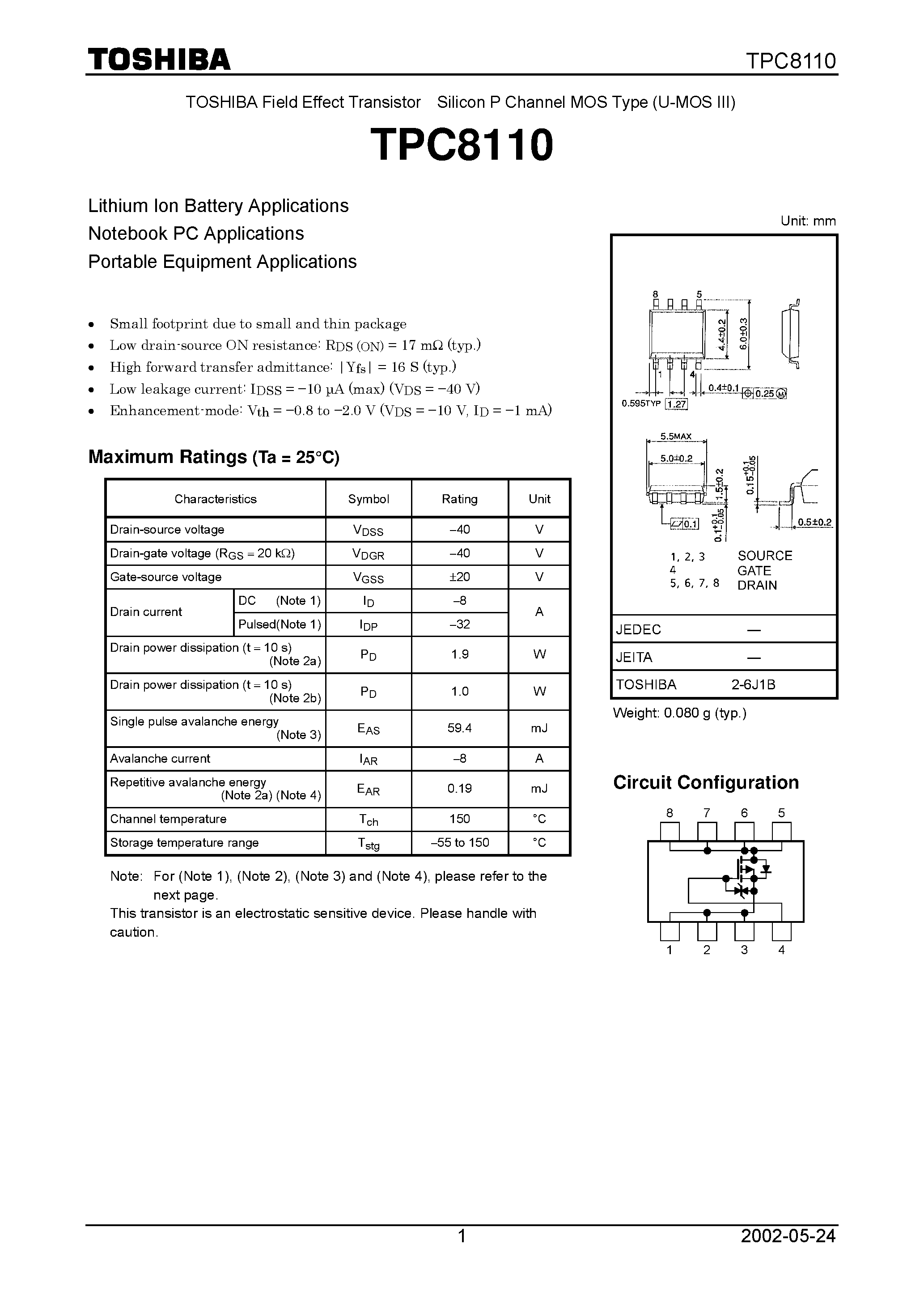 Даташит TPC8110 - TOSHIBA Field Effect Transistor Silicon P Channel MOS Type (U-MOS III) страница 1