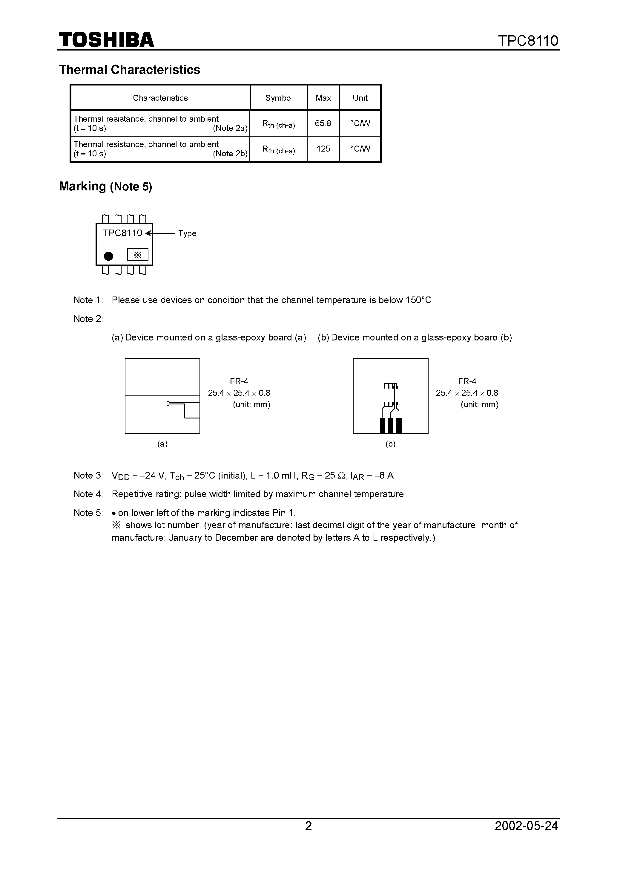 Даташит TPC8110 - TOSHIBA Field Effect Transistor Silicon P Channel MOS Type (U-MOS III) страница 2