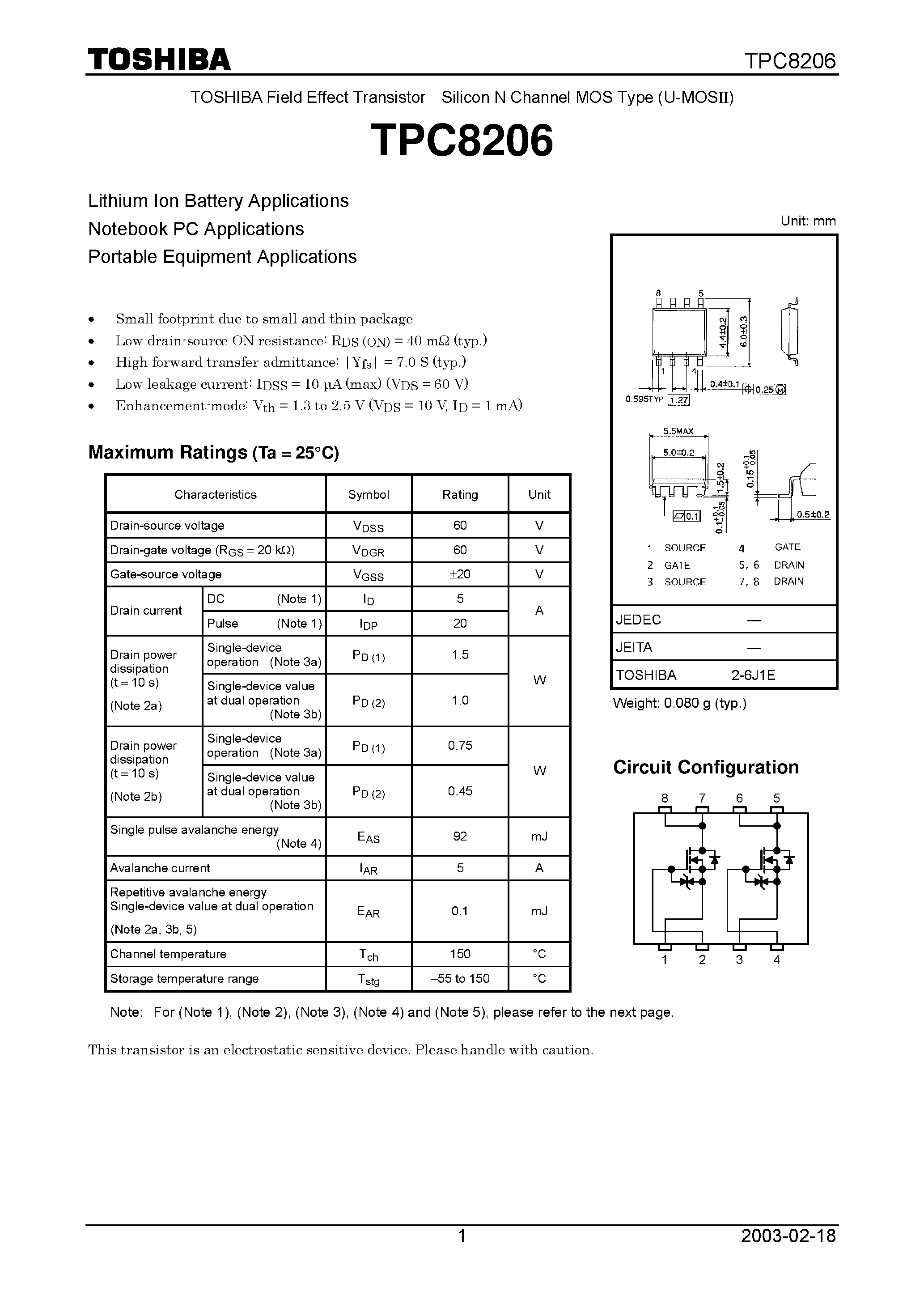 Datasheet TPC8206 - TOSHIBA Field Effect Transistor Silicon N Channel MOS Type (U-MOSII) page 1
