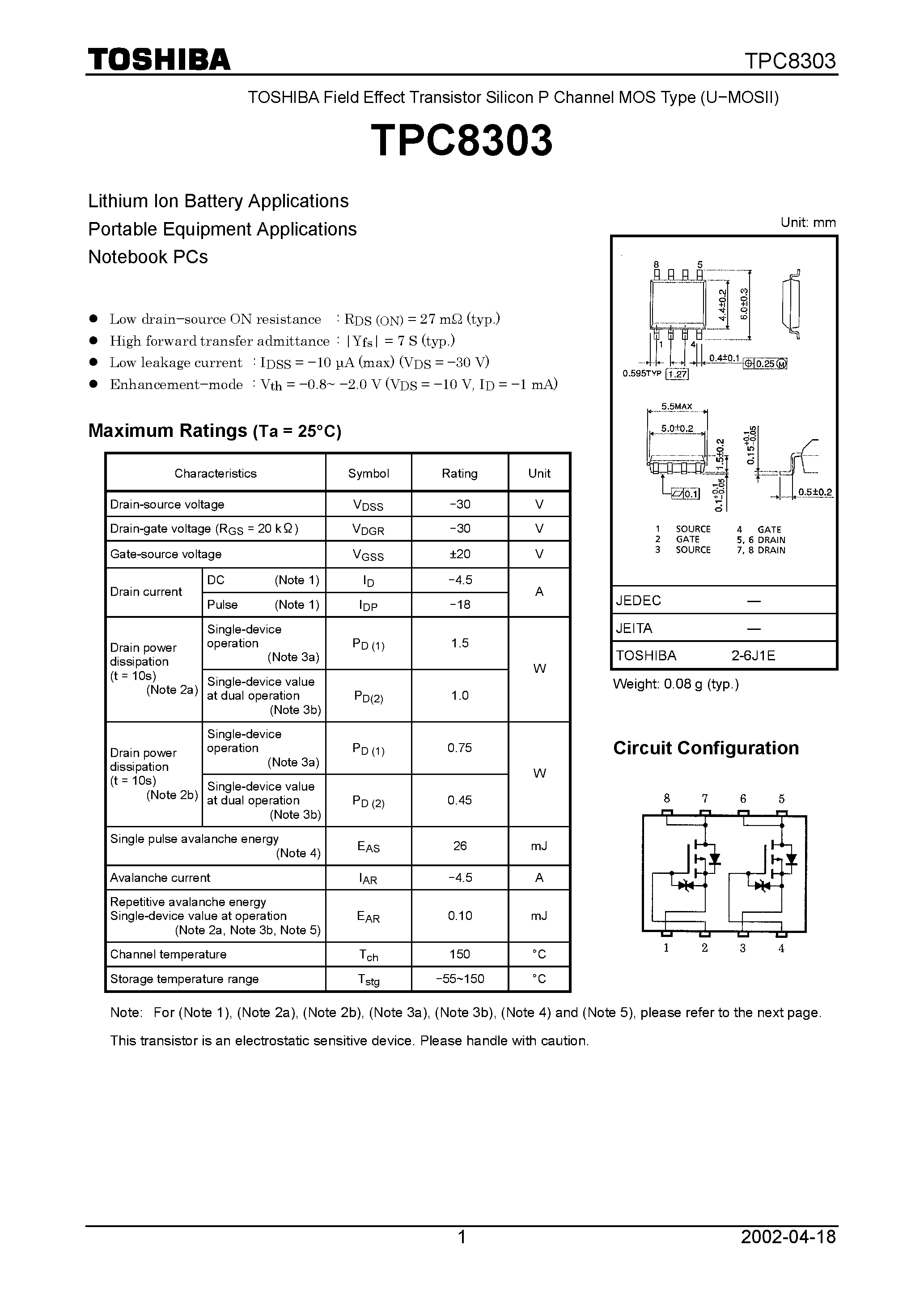 Даташит TPC8303 - TOSHIBA Field Effect Transistor Silicon P Channel MOS Type (U&#8722;MOSII) страница 1