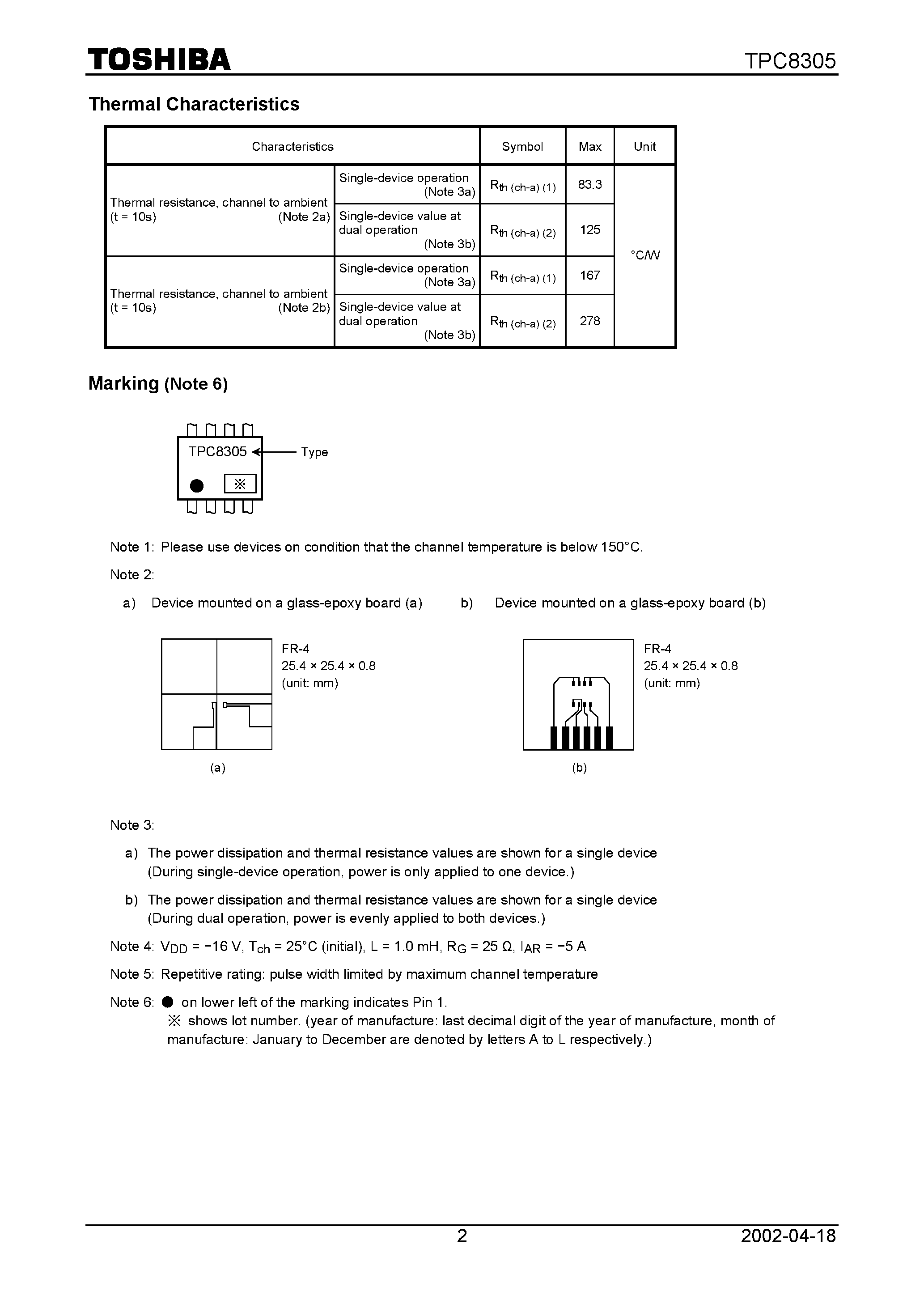 Datasheet TPC8305 - Silicon P Channel MOS Type (U&#8722;MOSII) page 2