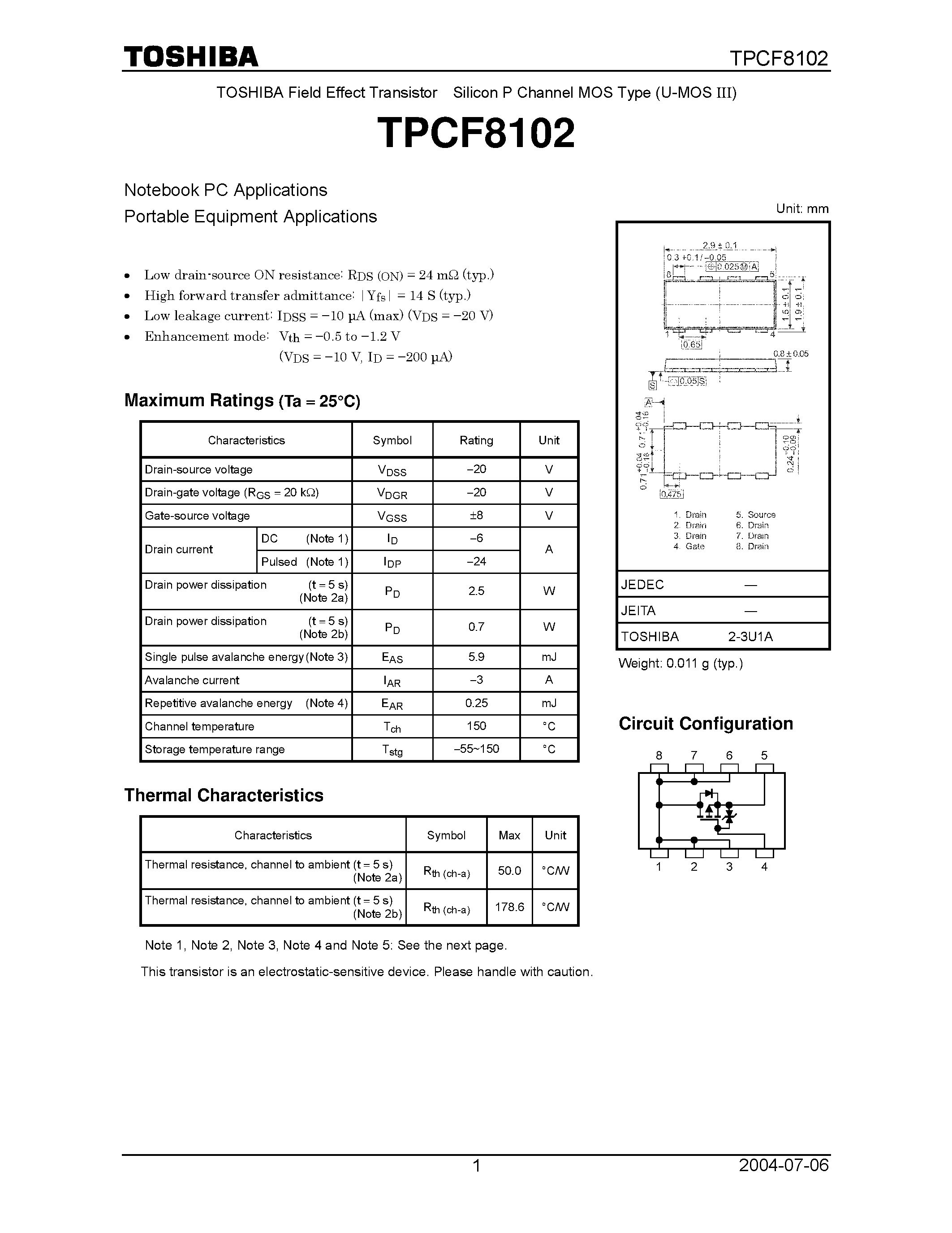 Datasheet TPCF8102 - Field Effect Transistor Silicon P Channel MOS Type (U-MOS III) page 1