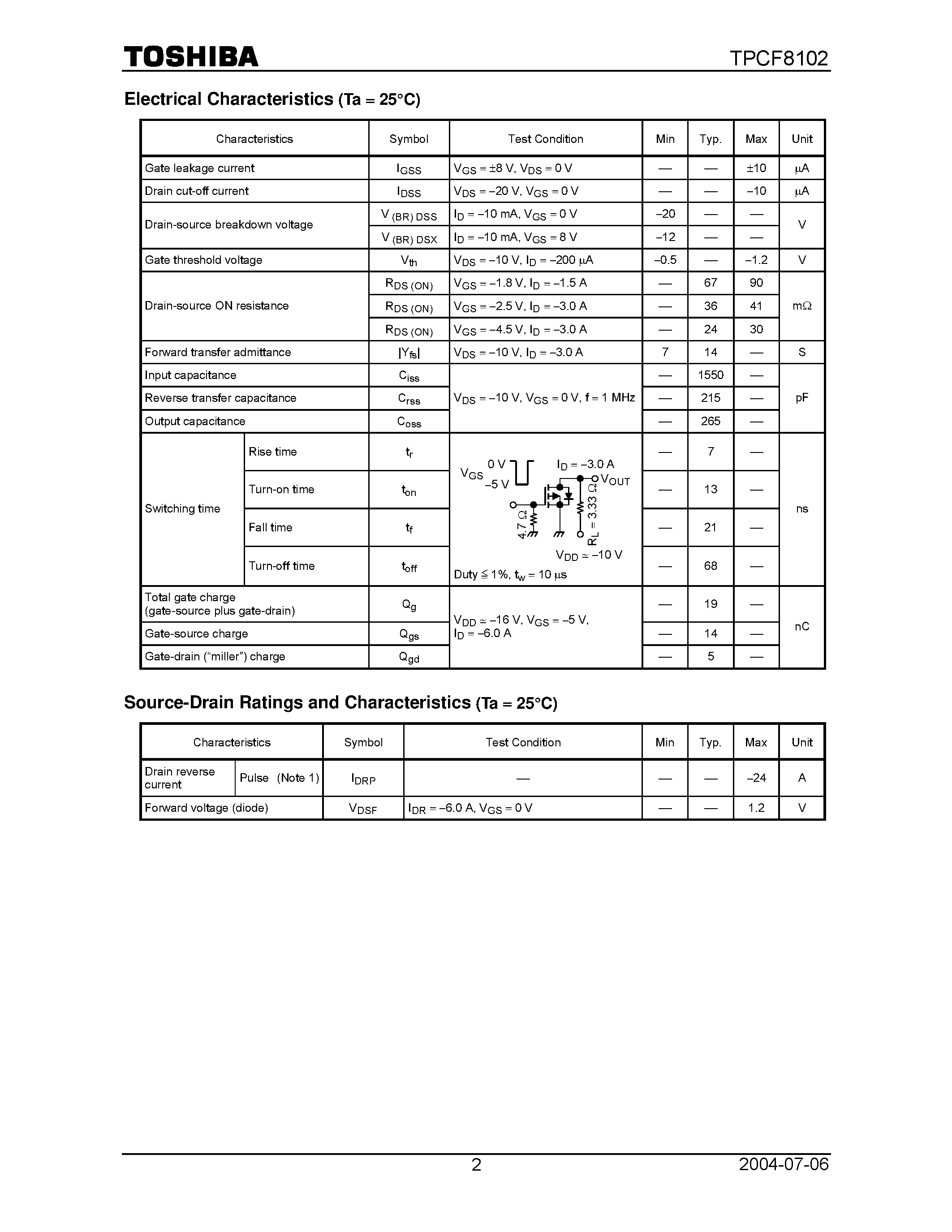 Datasheet TPCF8102 - Field Effect Transistor Silicon P Channel MOS Type (U-MOS III) page 2