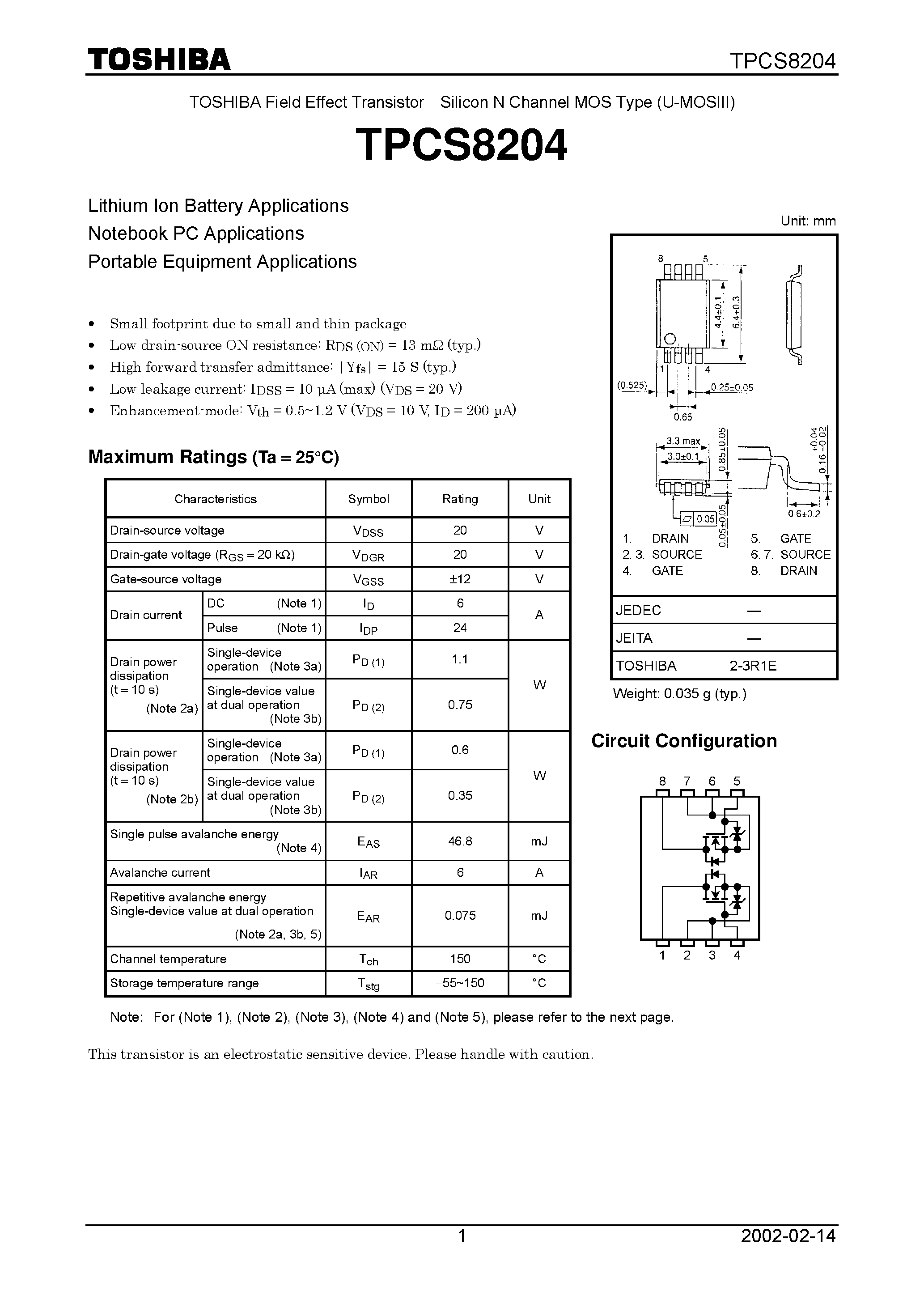 Datasheet TPCS8204 - TOSHIBA Field Effect Transistor Silicon N Channel MOS Type (U-MOSIII) page 1