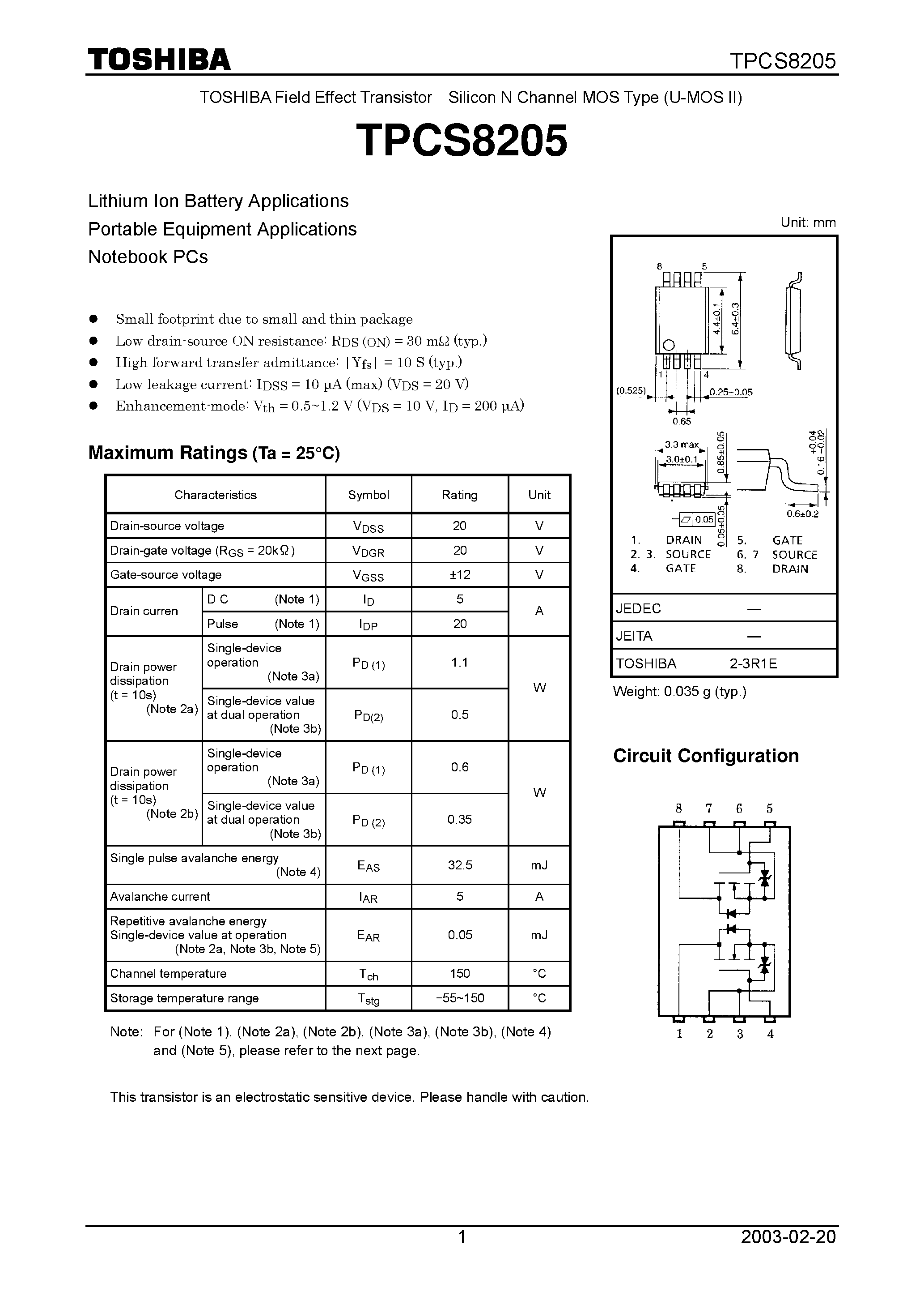 Даташит TPCS8205 - TOSHIBA Field Effect Transistor Silicon N Channel MOS Type (U-MOS II) страница 1