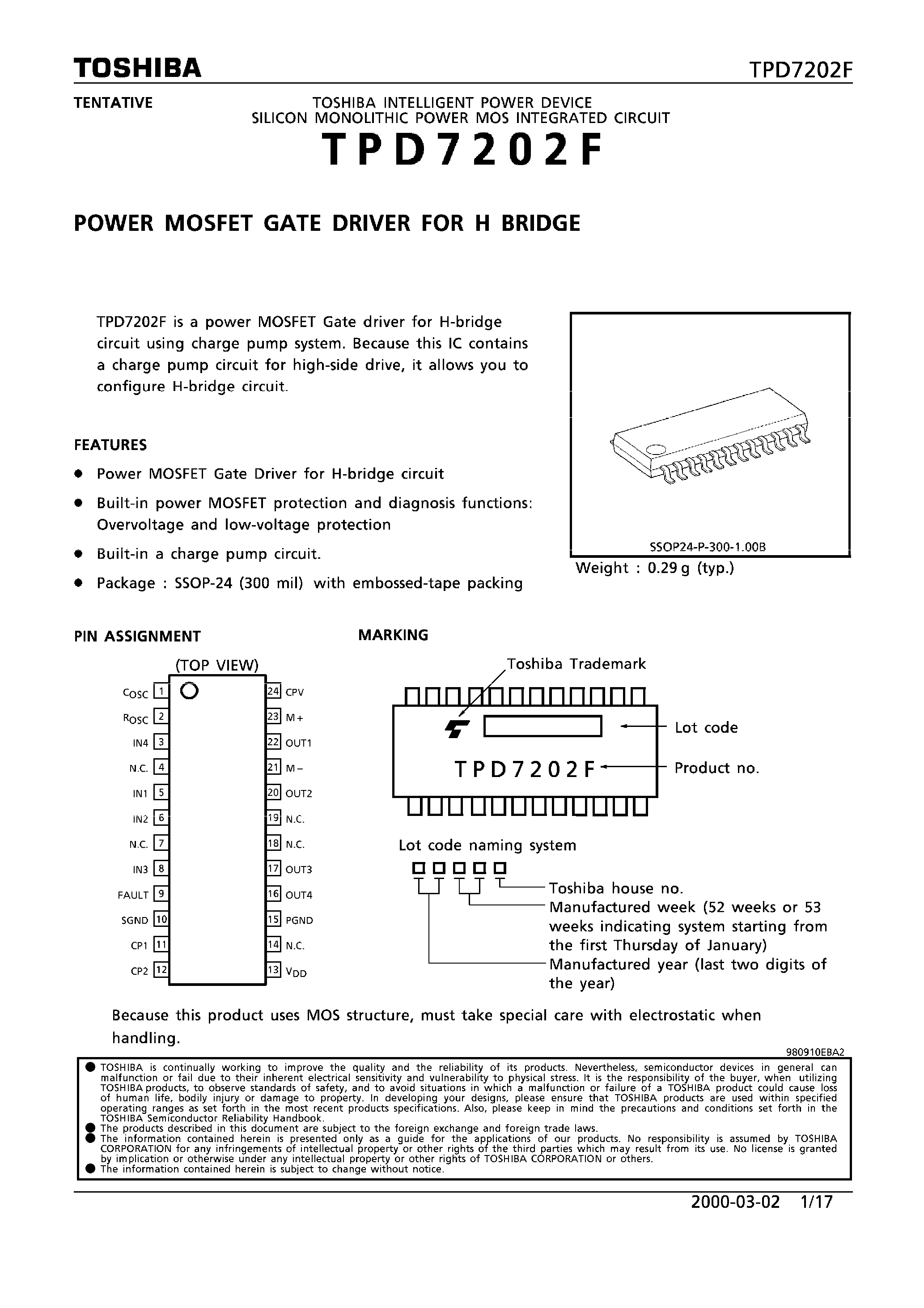 Datasheet TPD7202F - POWER MOSFET GATE DRIVER FOR H BRIDGE page 1