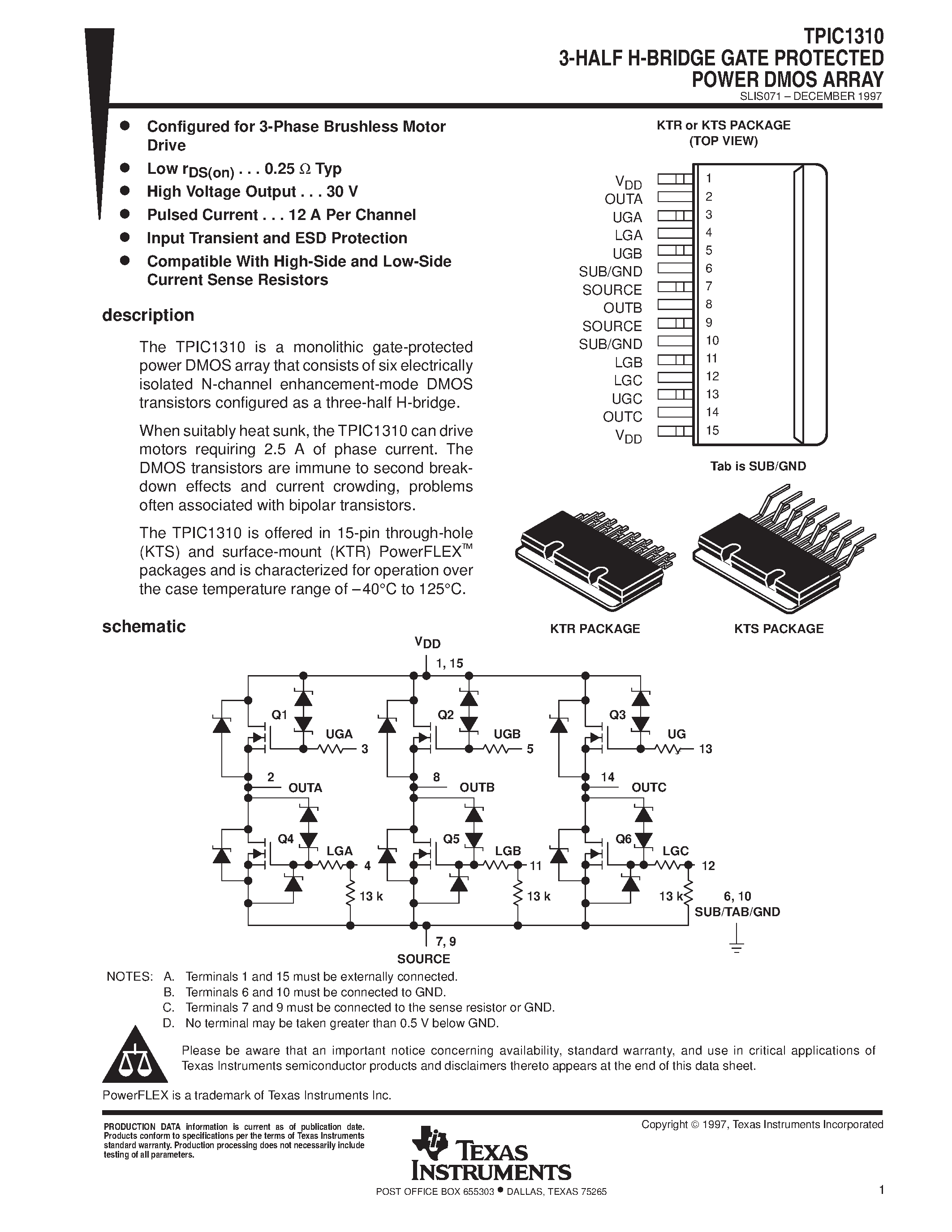 Datasheet TPIC1310 - 3-HALF H-BRIDGE GATE PROTECTED POWER DMOS ARRAY page 1