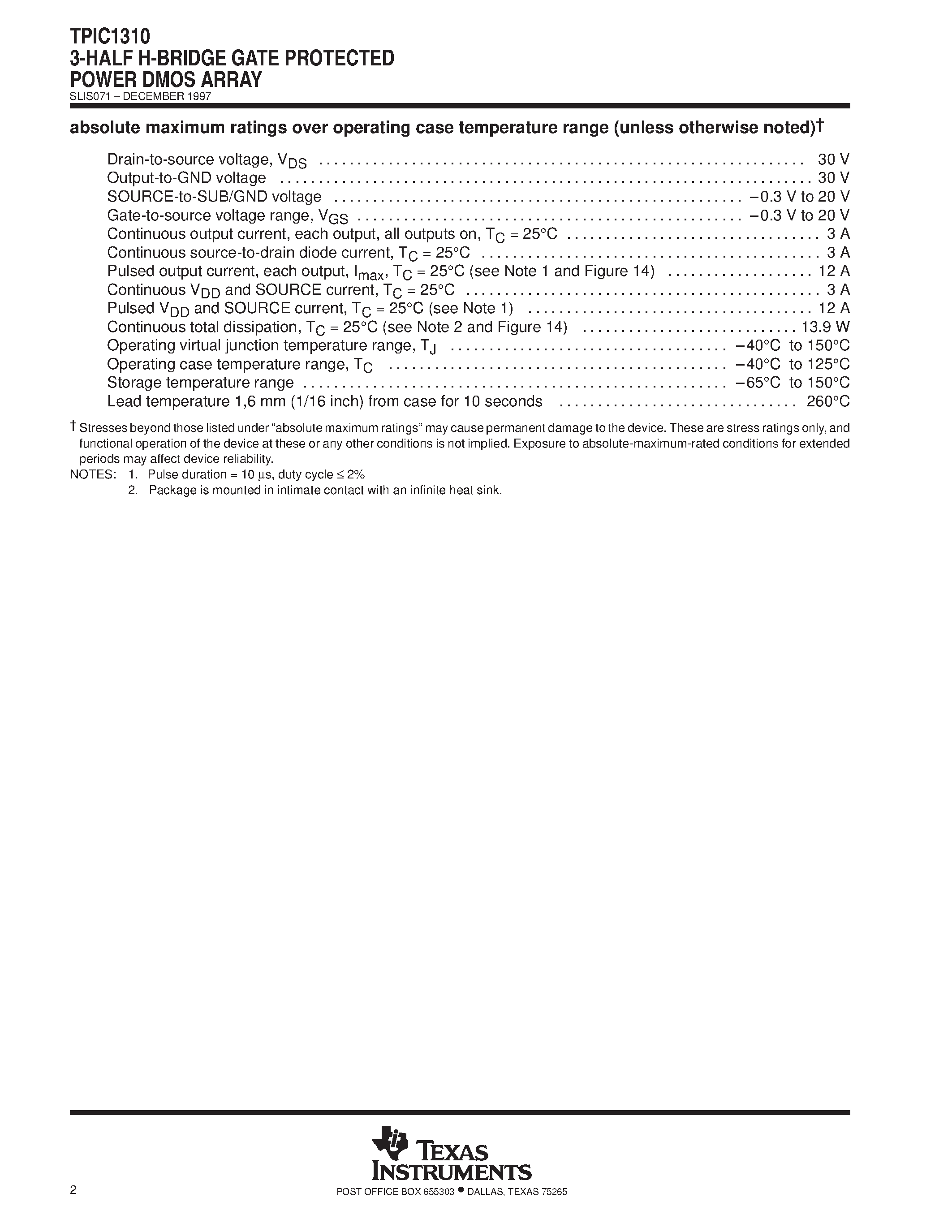 Datasheet TPIC1310 - 3-HALF H-BRIDGE GATE PROTECTED POWER DMOS ARRAY page 2