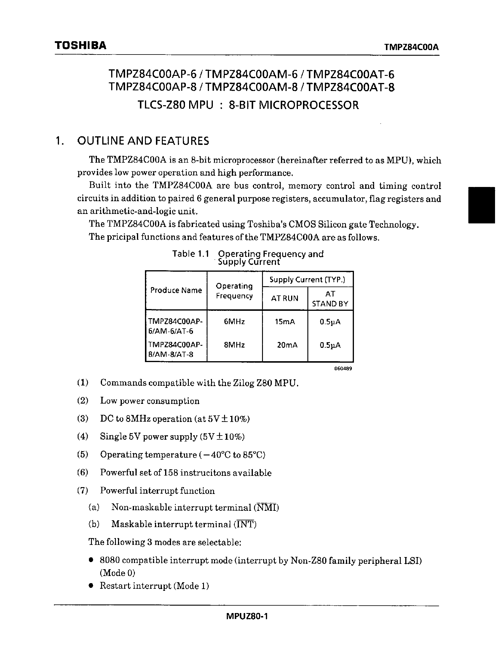 Datasheet TMPZ84C00AP-8 - TLCS-Z80 MPU : 8-BIT MICROPROCESSOR page 1