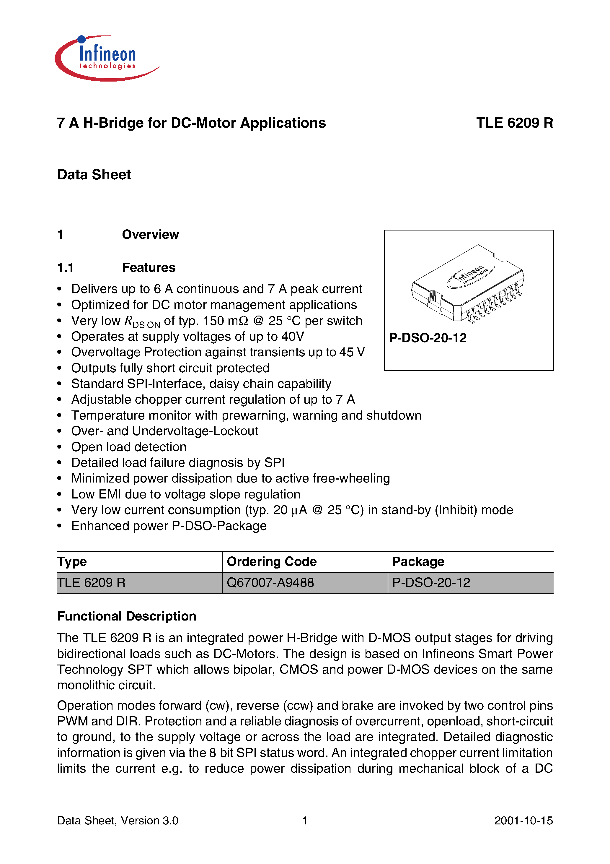 Datasheet TLE6209R - 7 A H-Bridge for DC-Motor Applications page 1