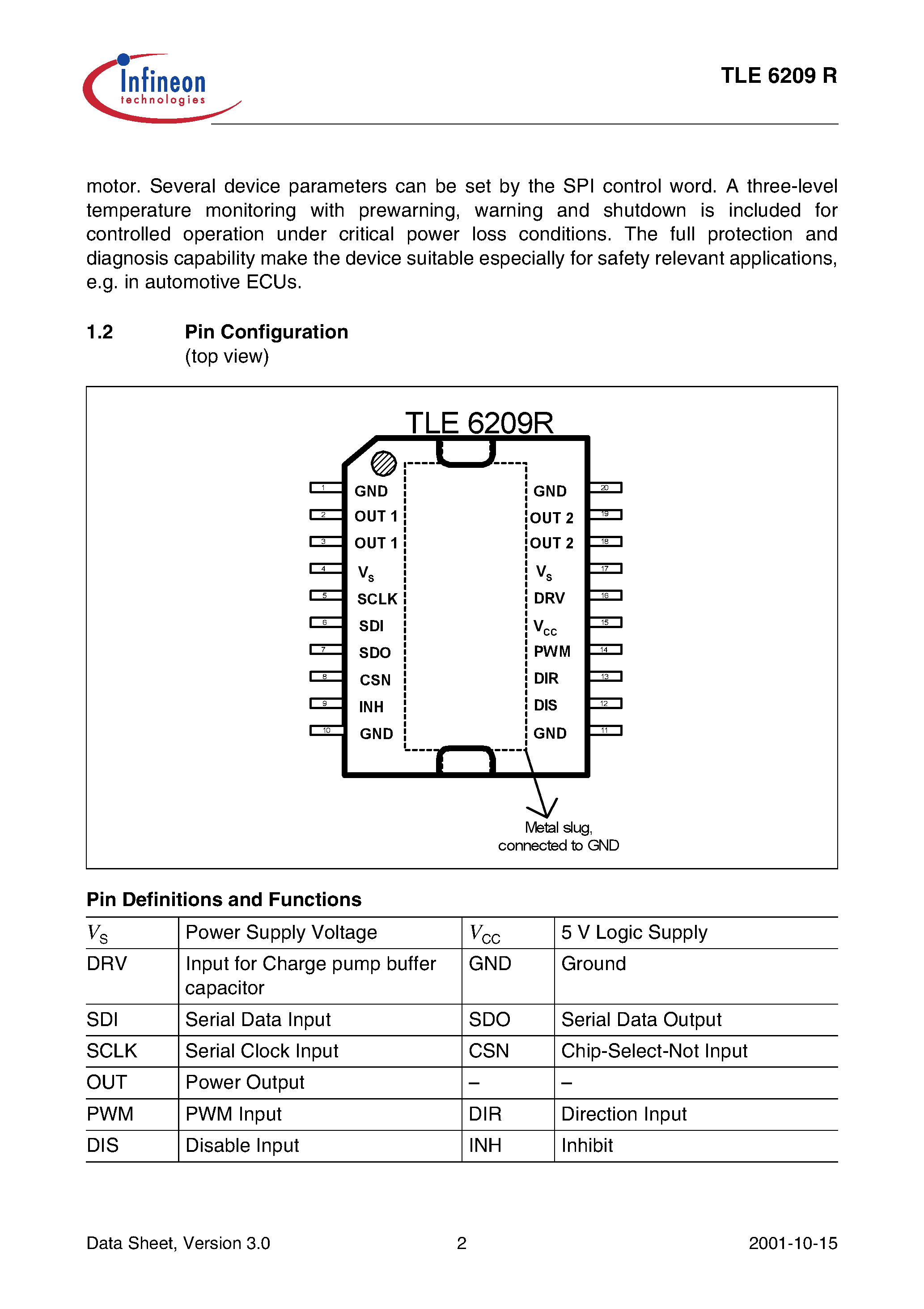 Datasheet TLE6209R - 7 A H-Bridge for DC-Motor Applications page 2