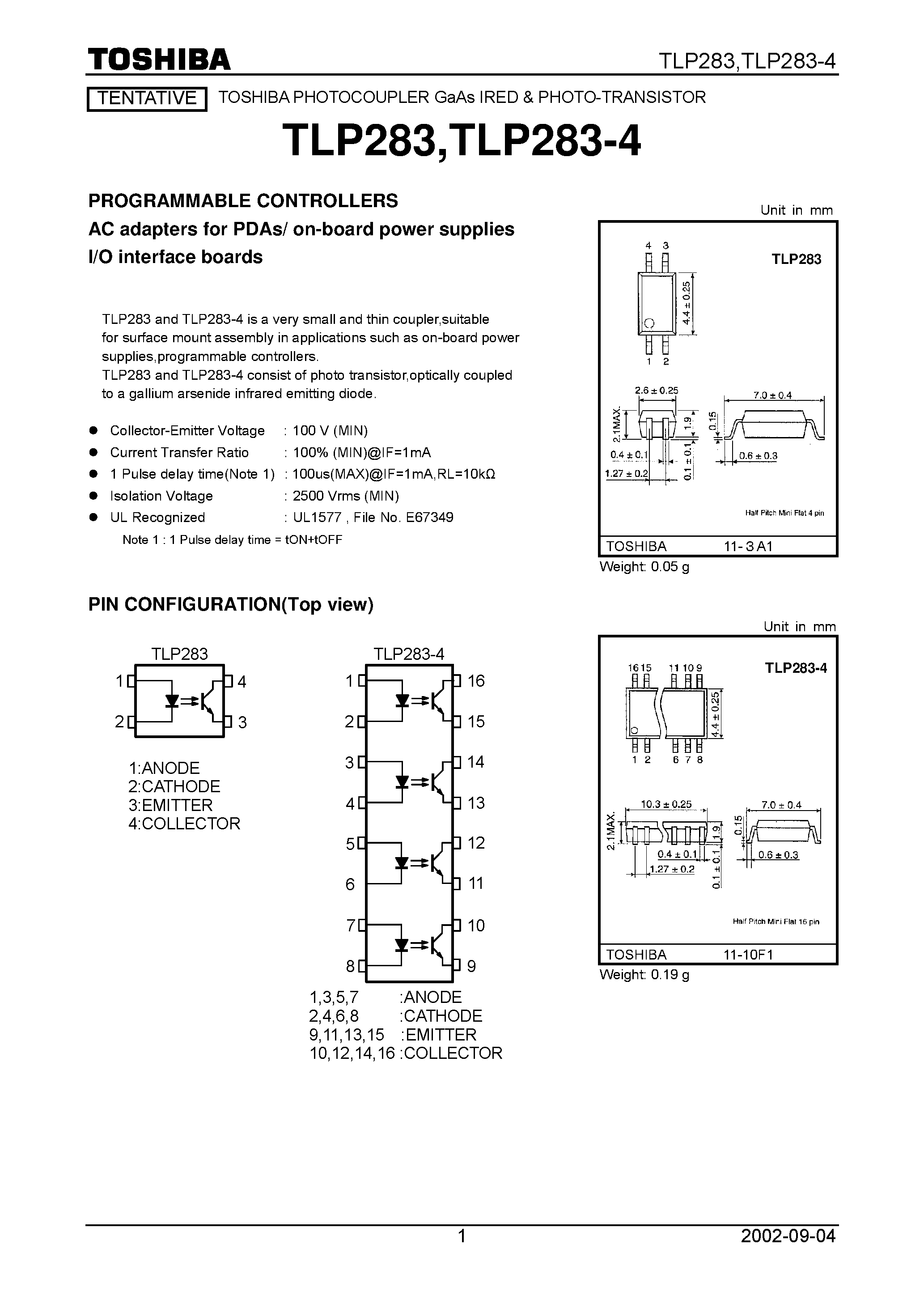 Datasheet TLP283-4 - PROGRAMMABLE CONTROLLERS AC adapters for PDAs/ on-board power supplies I/O interface boards page 1