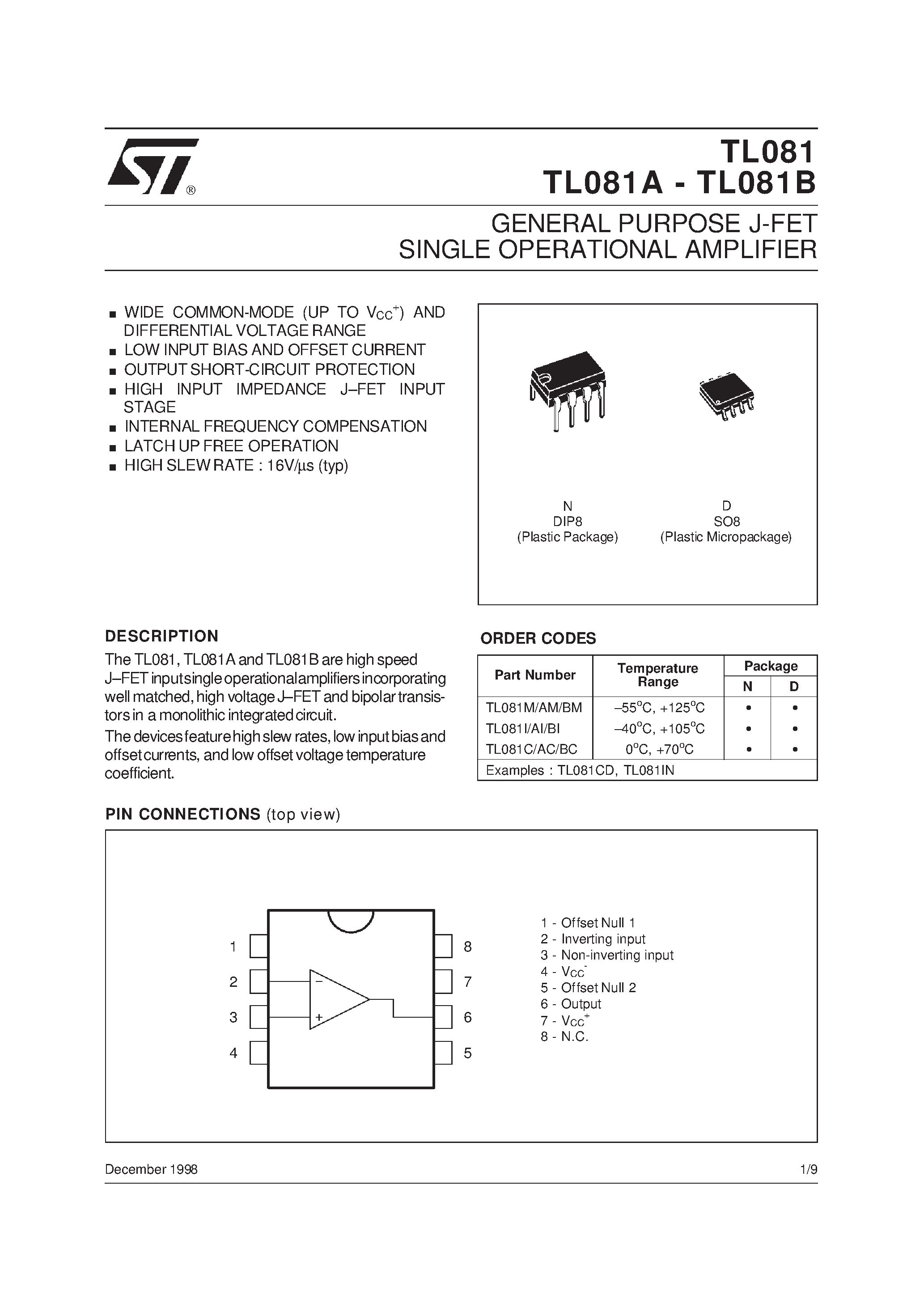 Даташит TL081IN - GENERAL PURPOSE J-FET SINGLE OPERATIONAL AMPLIFIER страница 1