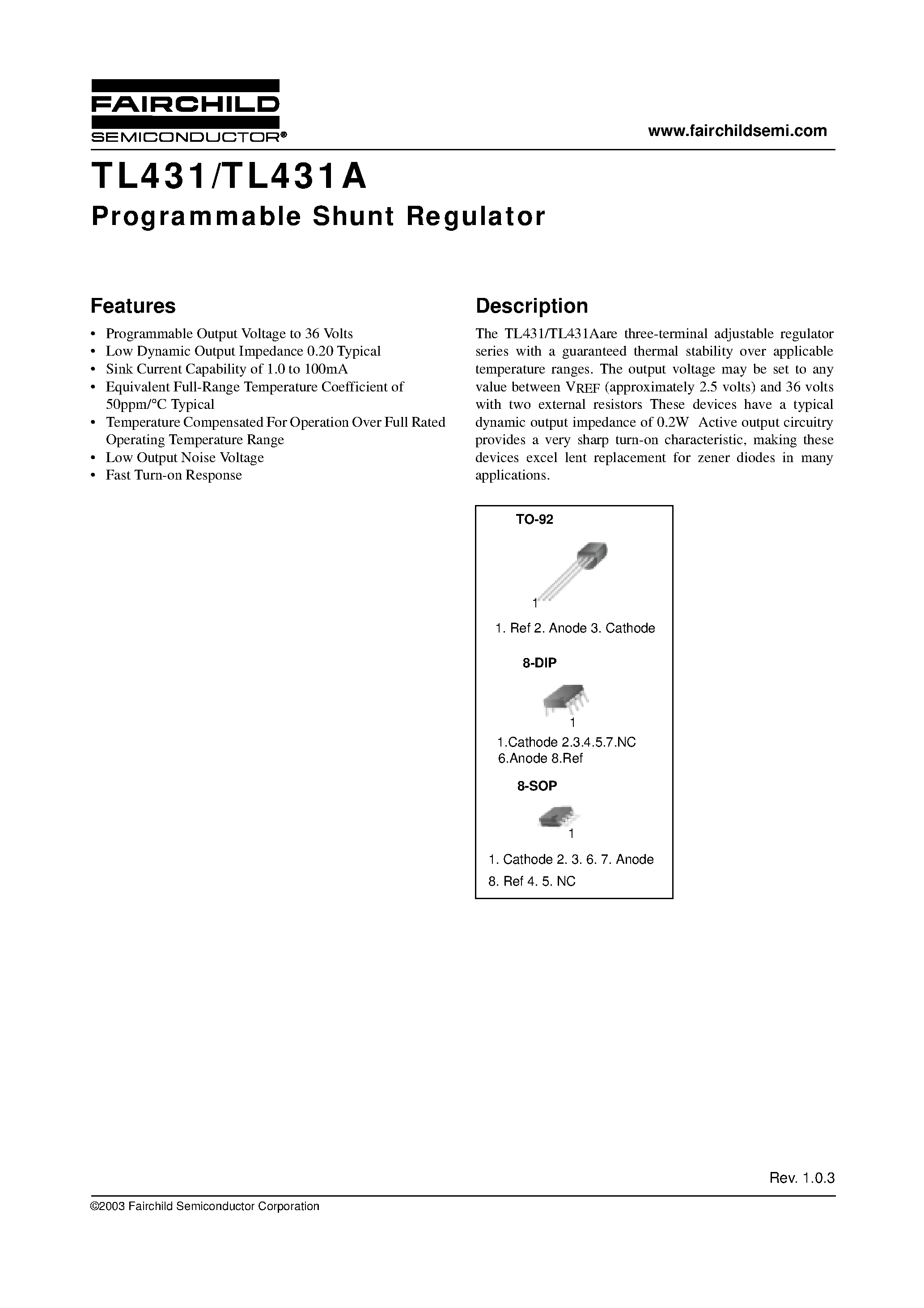 Datasheet TL431 - Programmable Shunt Regulator page 1