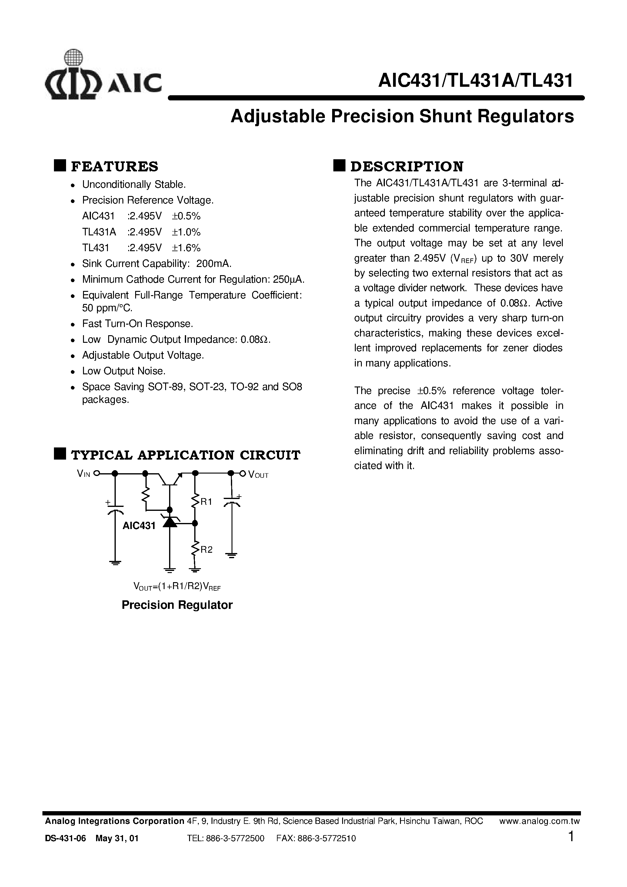 Datasheet TL431ACZ - Adjustable Precision Shunt Regulators page 1