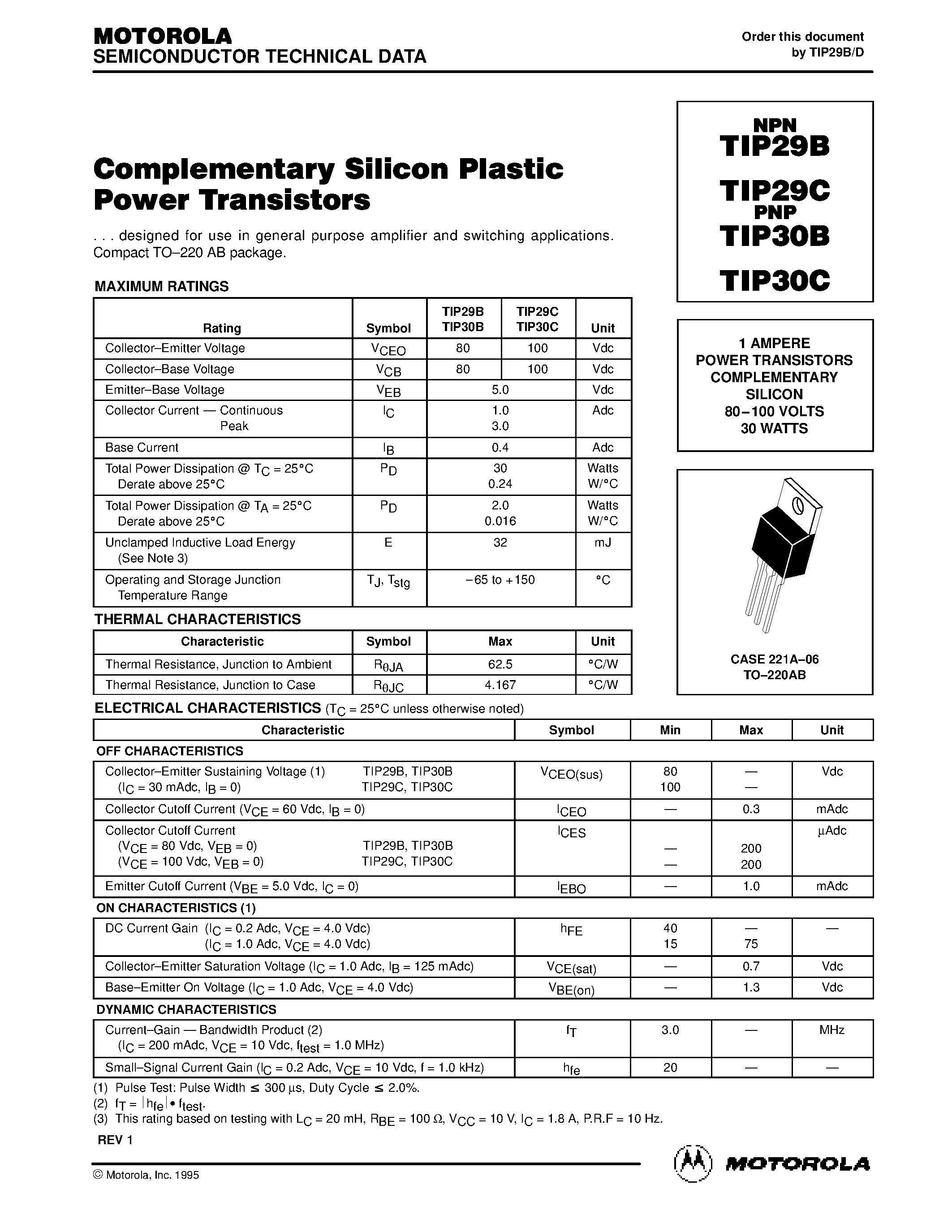 Datasheet TIP30B - 1 AMPERE POWER TRANSISTORS COMPLEMENTARY SILICON 80-100 VOLTS 30 WATTS page 1