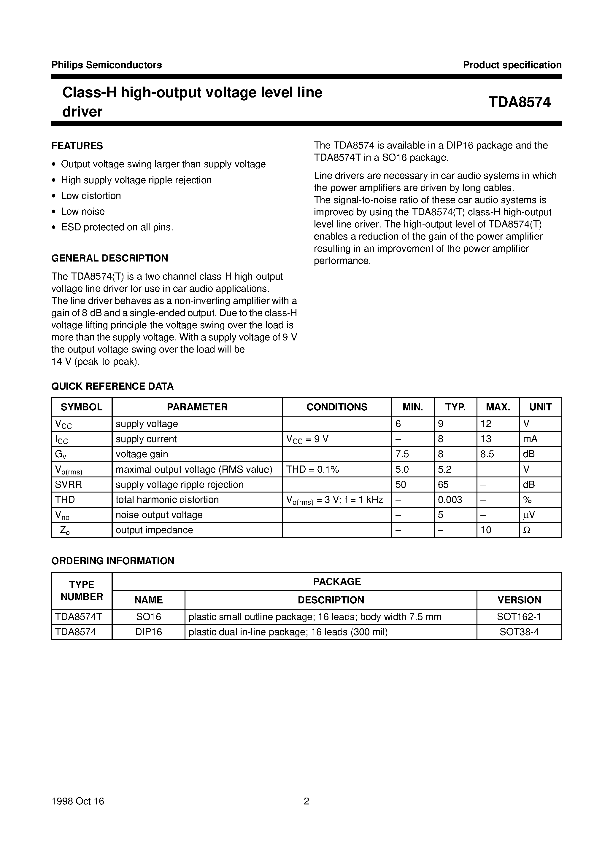 Datasheet TDA8574 - Class-H high-output voltage level line driver page 2