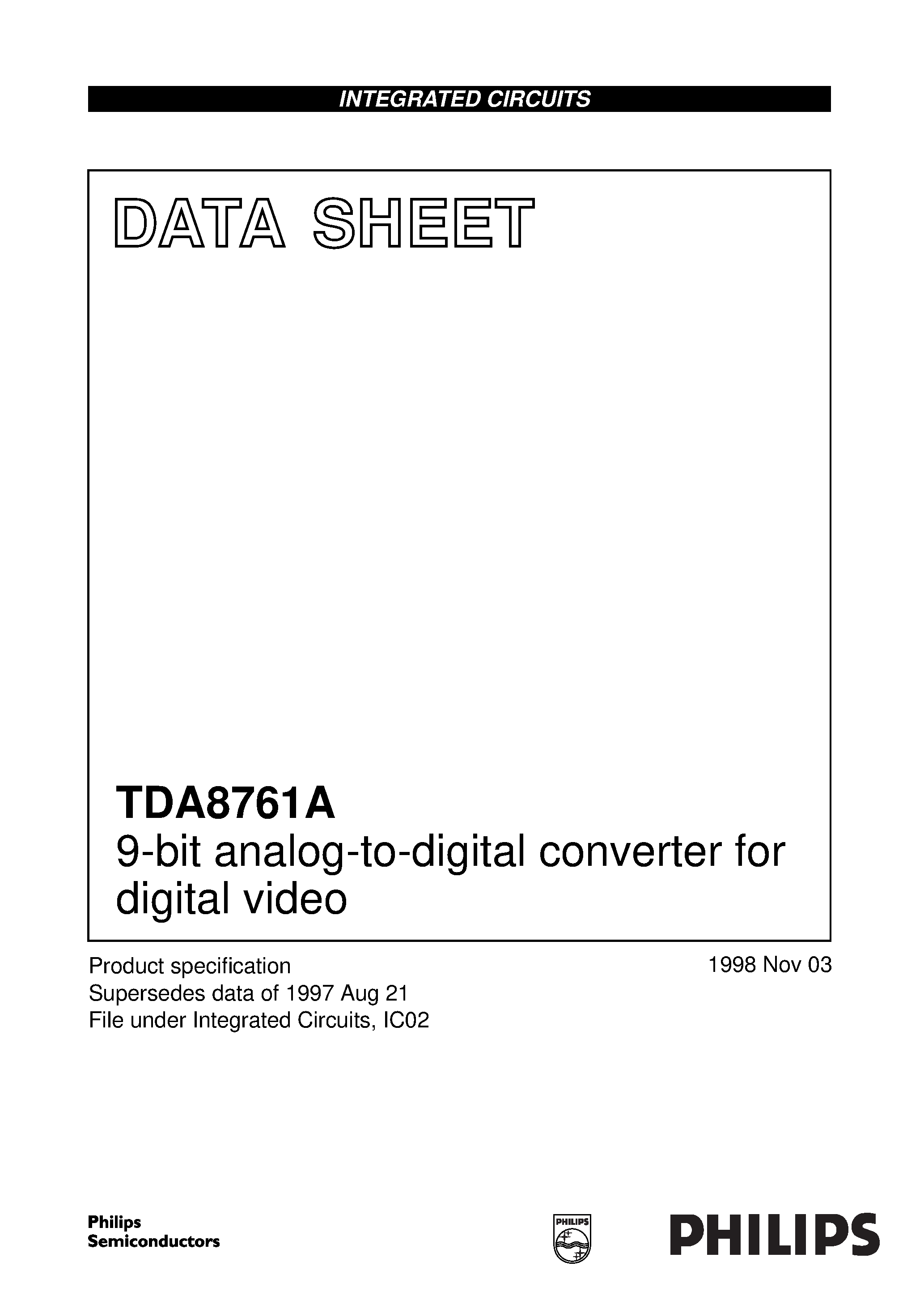 Даташит TDA8761AM - 9-bit analog-to-digital converter for digital video страница 1