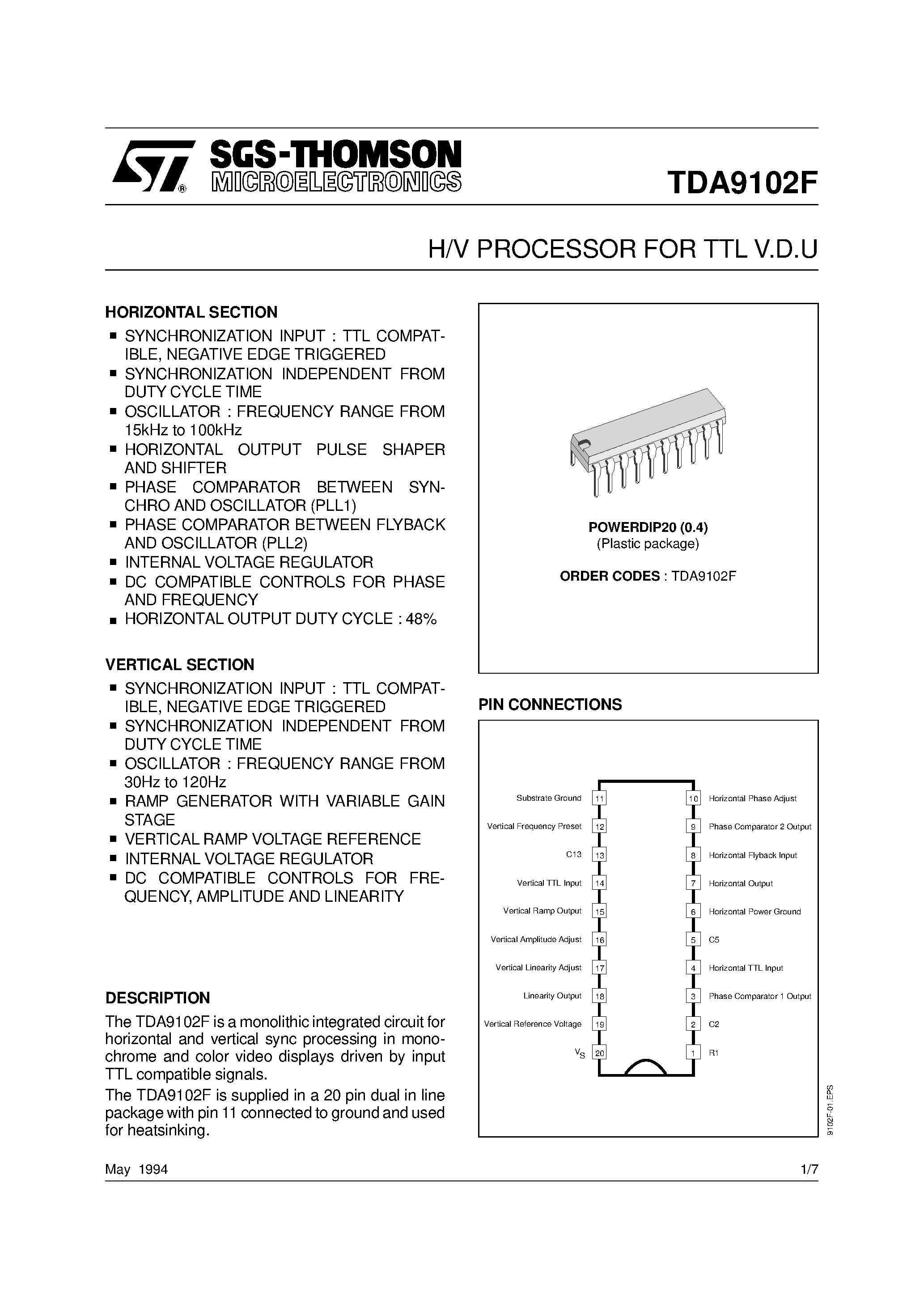 Datasheet TDA9102F - H/V PROCESSOR FOR TTL V.D.U page 1