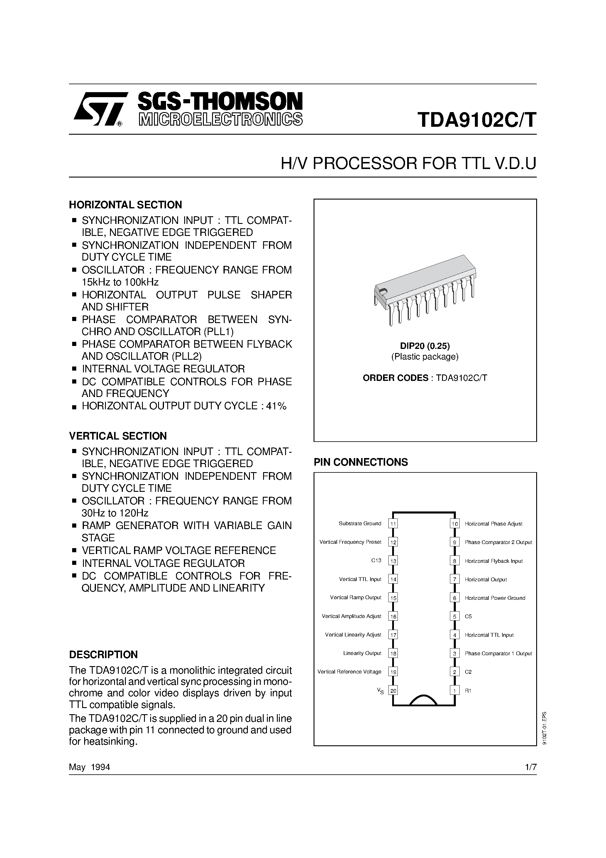 Datasheet TDA9102T - H/V PROCESSOR FOR TTL V.D.U page 1