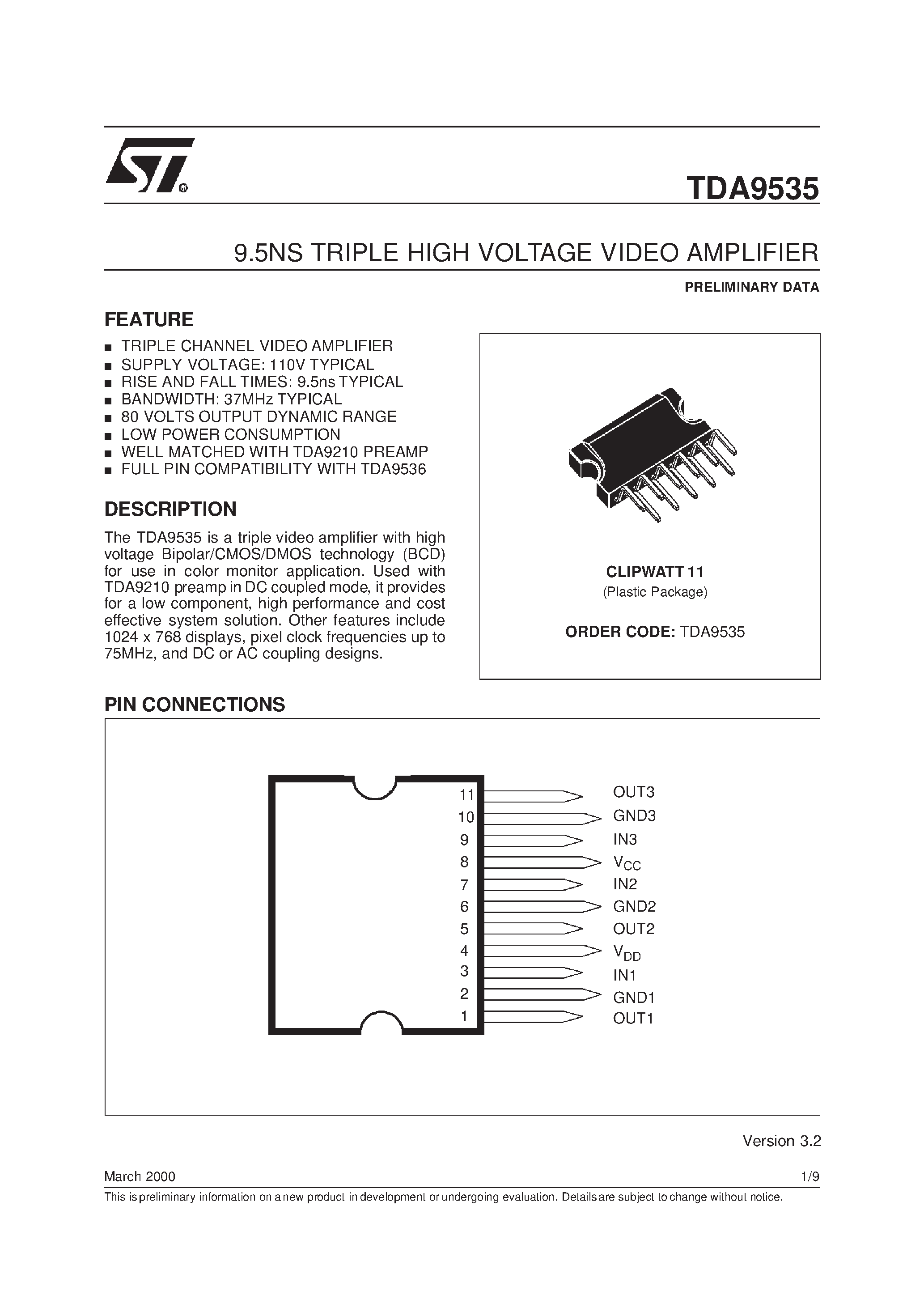 Datasheet TDA9535 - 9.5NS TRIPLE HIGH VOLTAGE VIDEO AMPLIFIER page 1