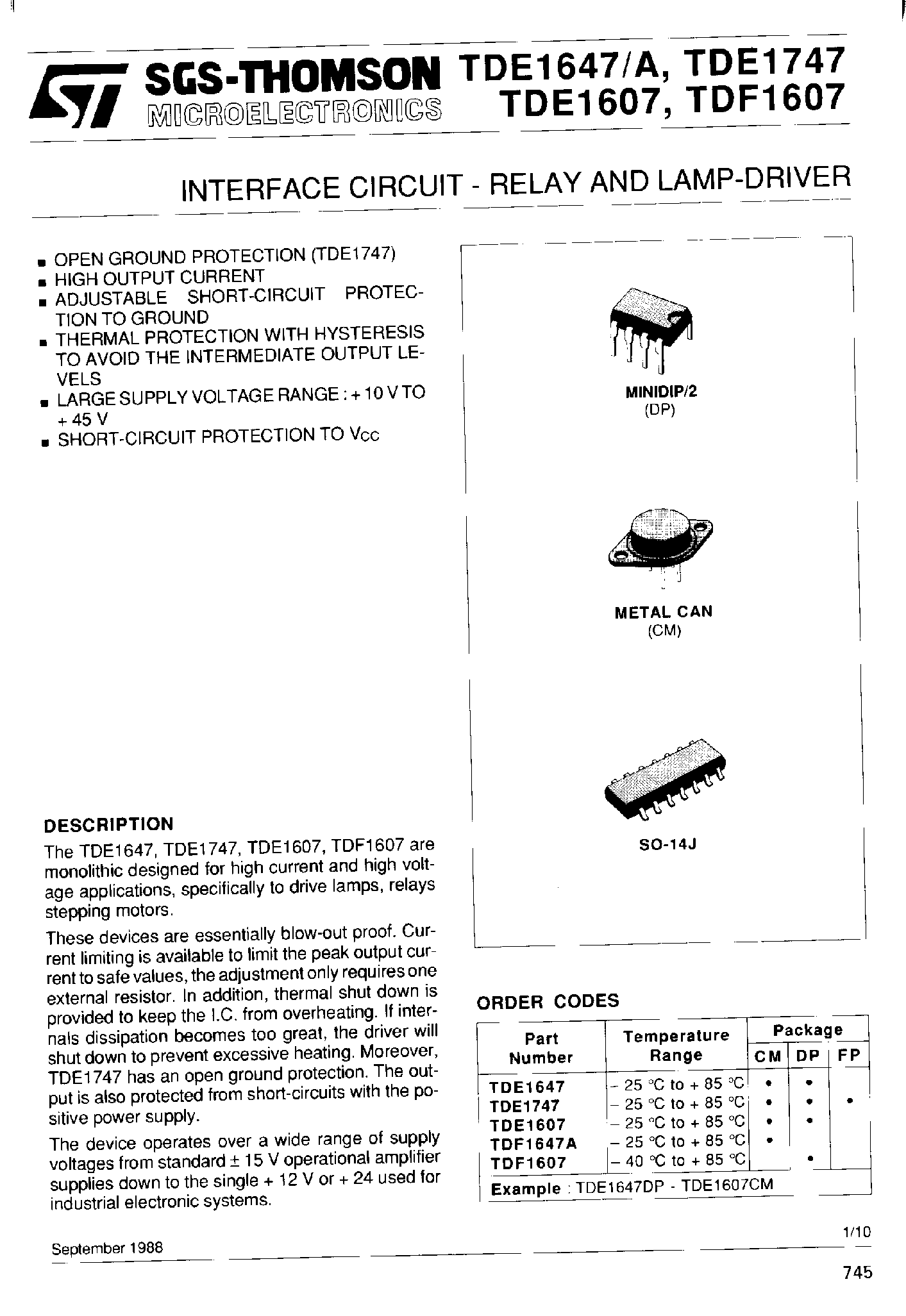 Datasheet TDE1647 - INTERFACE CIRCUIT - RELAY AND LAMP-DRIVER page 1