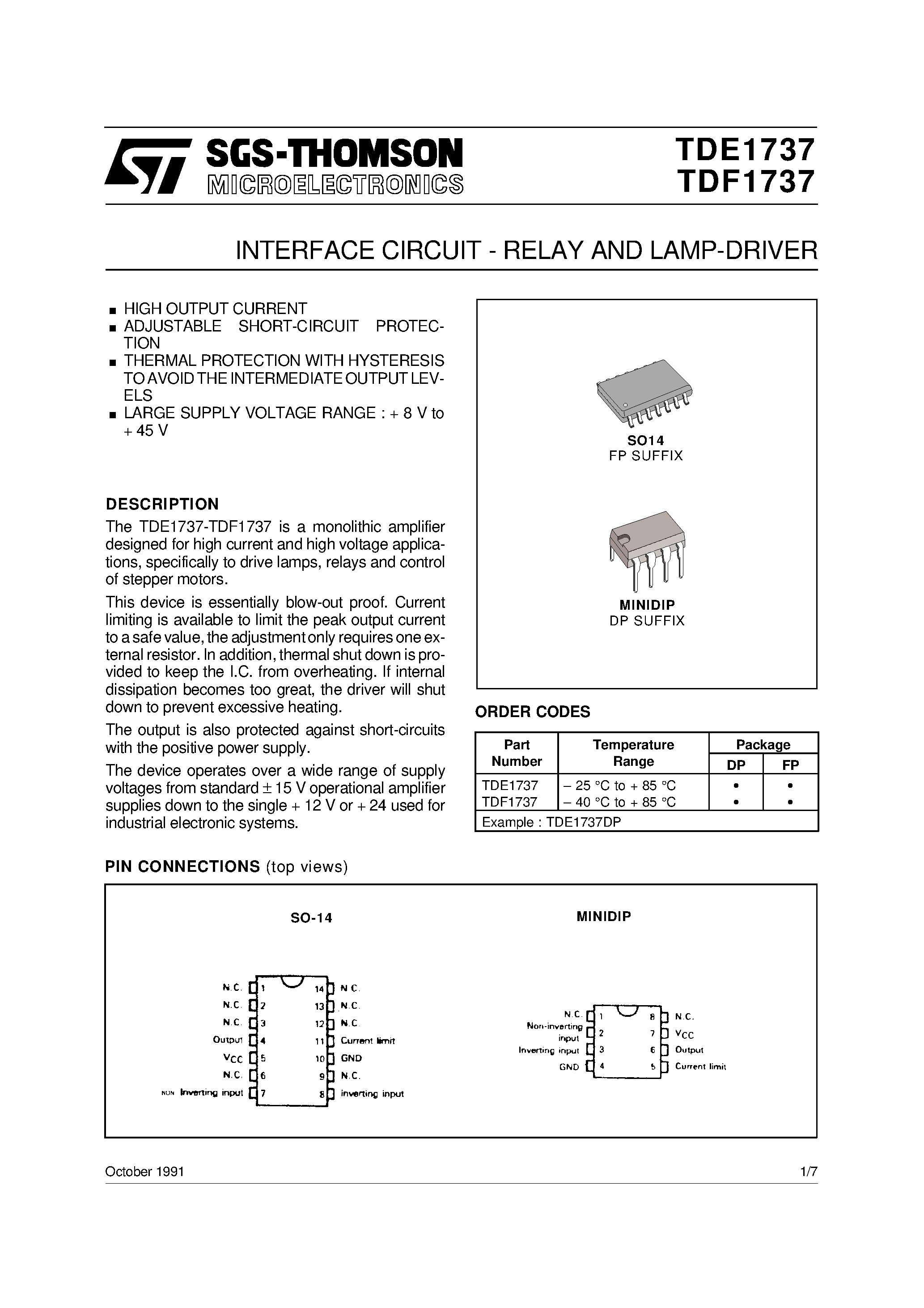 Datasheet TDE1737DP - INTERFACE CIRCUIT - RELAY AND LAMP-DRIVER page 1