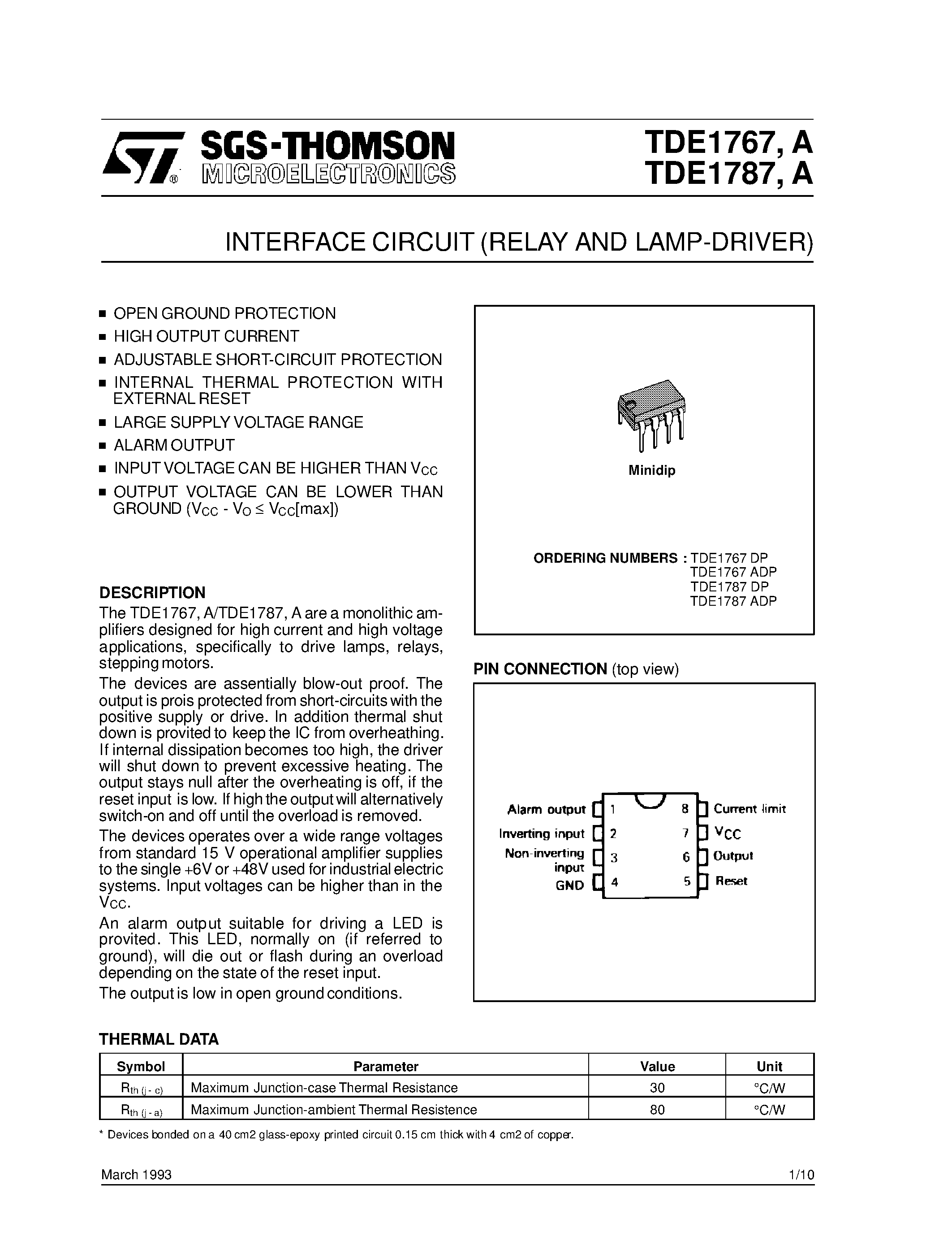 Datasheet TDE1767 - INTERFACE CIRCUIT RELAY AND LAMP-DRIVER page 1