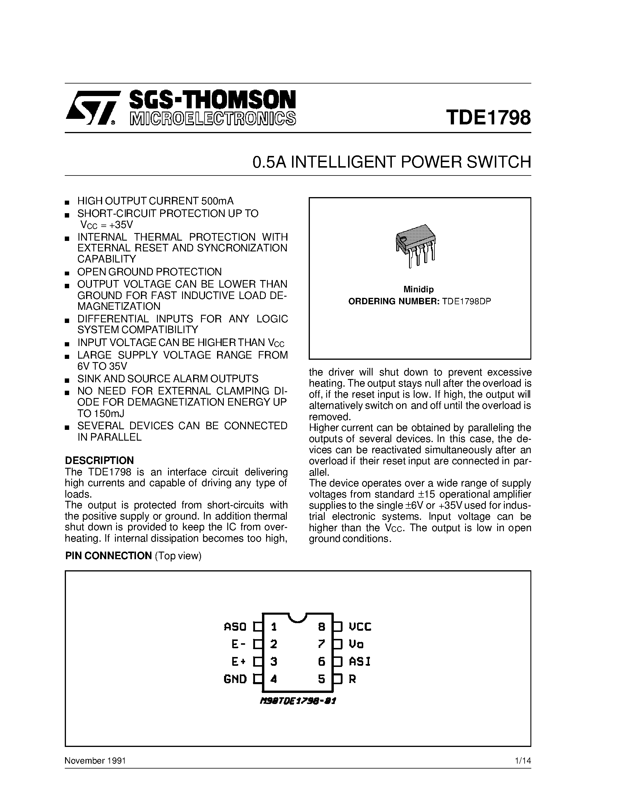 Datasheet TDE1798 - 0.5A INTELLIGENT POWER SWITCH page 1