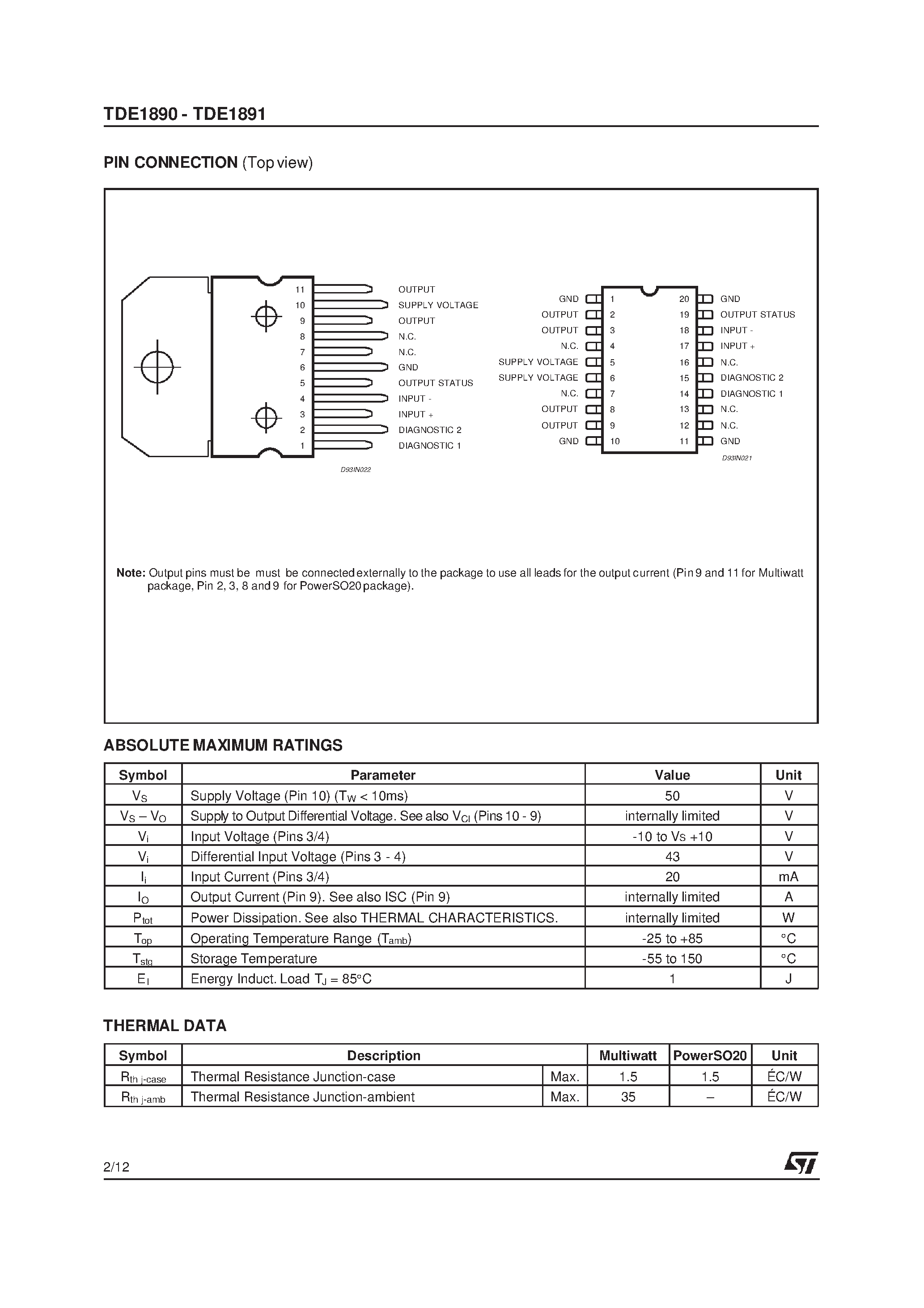 Datasheet TDE1891V - 2A HIGH-SIDE DRIVER INDUSTRIAL INTELLIGENT POWER SWITCH page 2