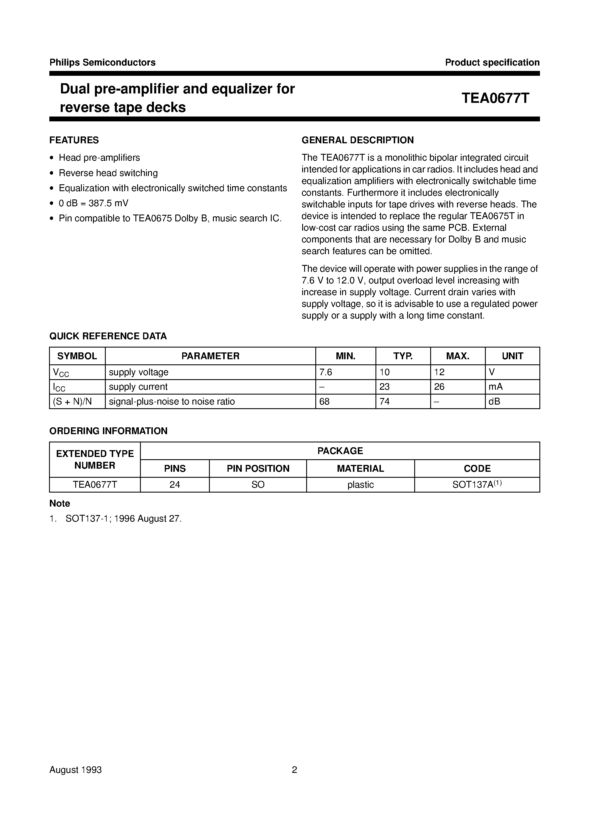 Datasheet TEA0677 - Dual pre-amplifier and equalizer for reverse tape decks page 2