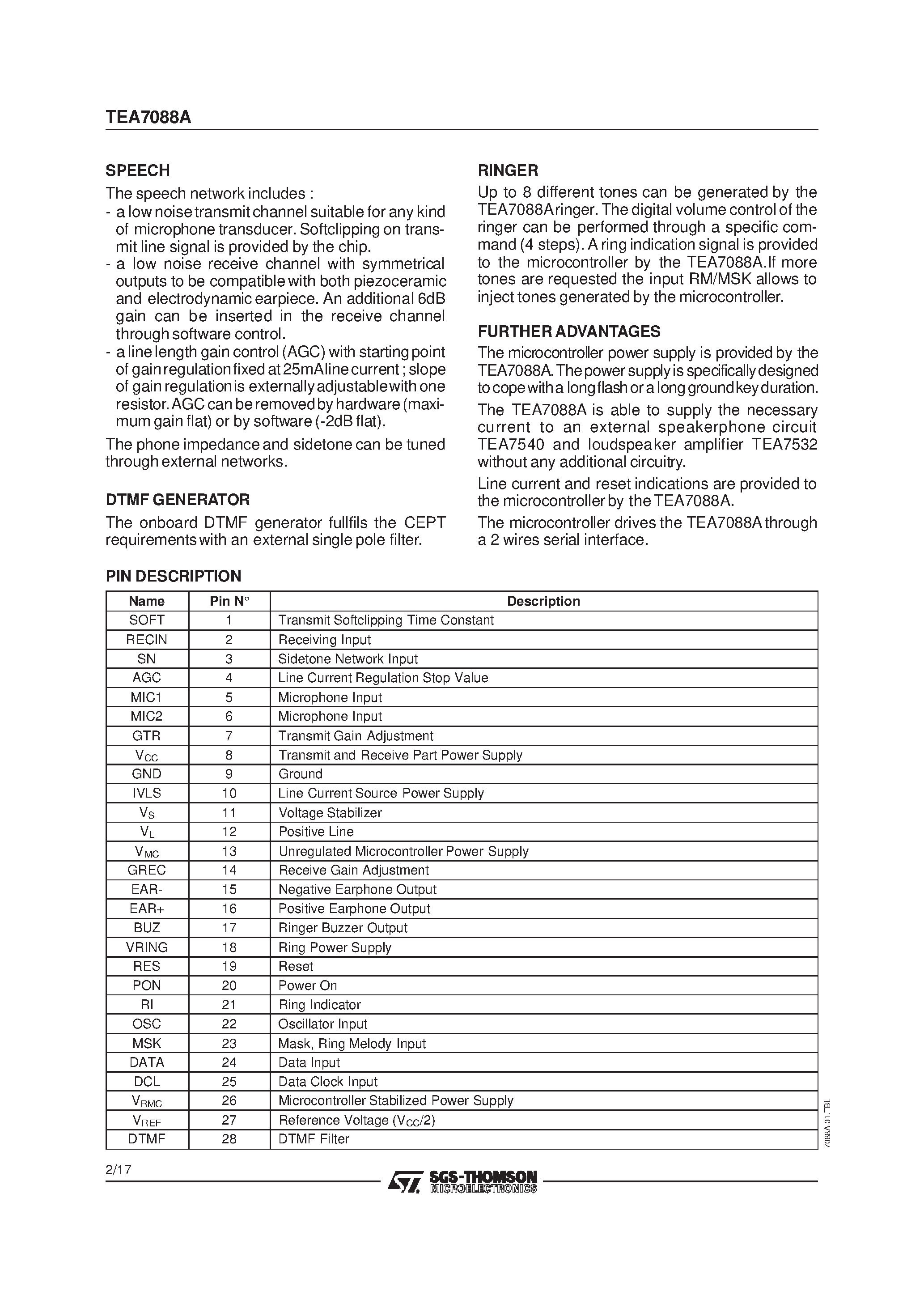 Datasheet TEA7088A - LOW-RANGE PHONE DEDICATED CHIP page 2