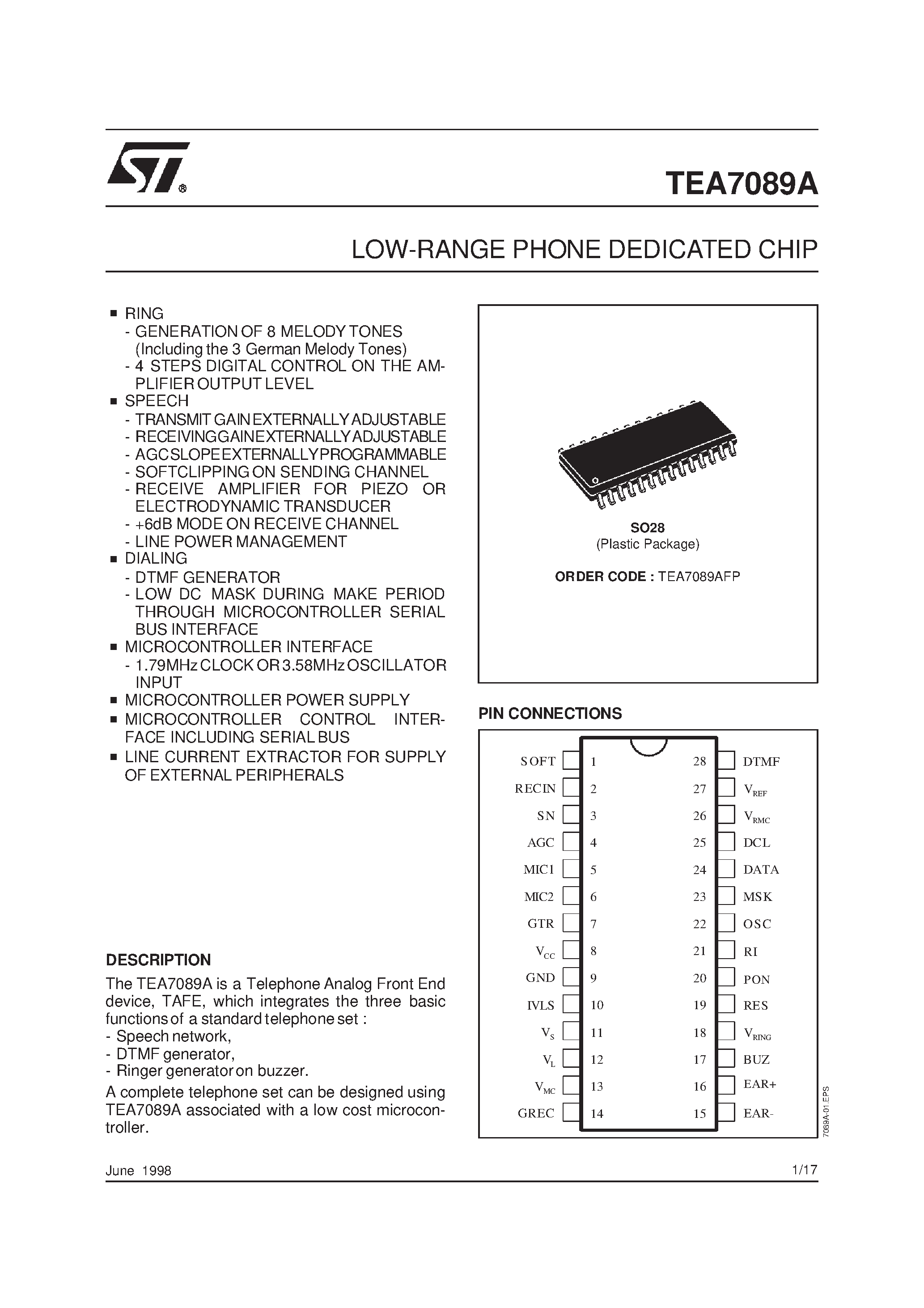 Datasheet TEA7089 - LOW-RANGE PHONE DEDICATED CHIP page 1