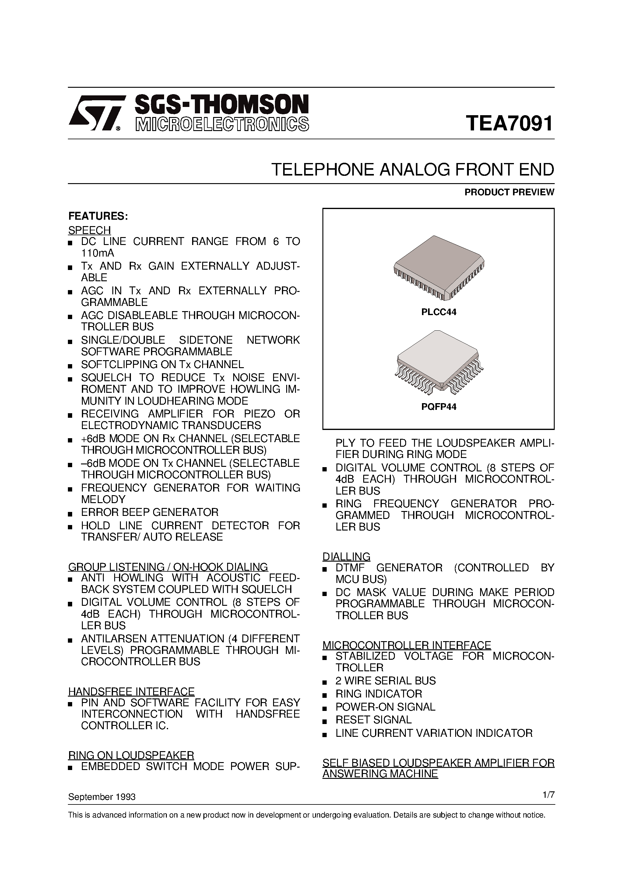 Datasheet TEA7091 - TELEPHONE ANALOG FRONT END page 1