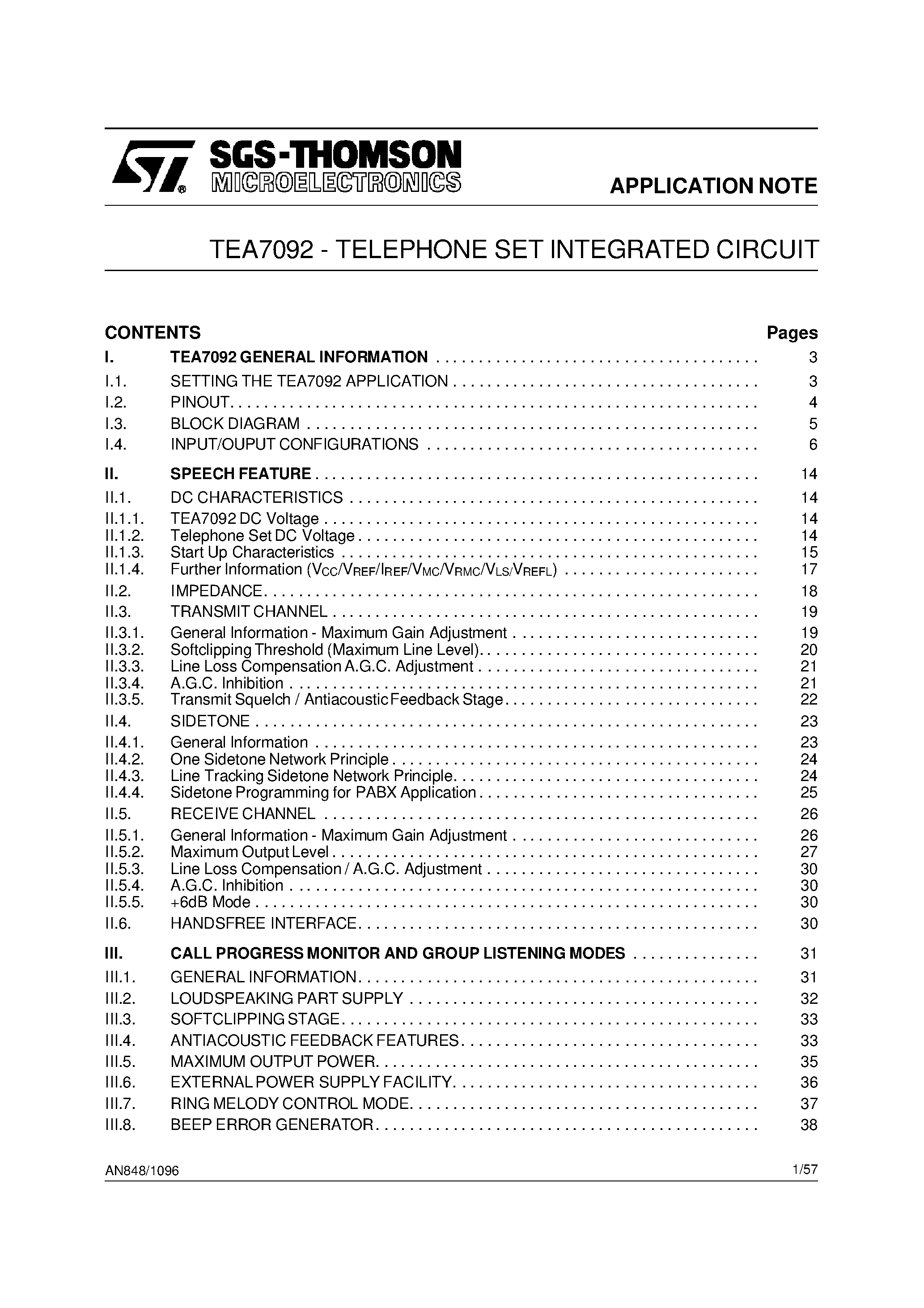 Datasheet TEA7092 - TELEPHONE SET INTEGRATED CIRCUIT page 1