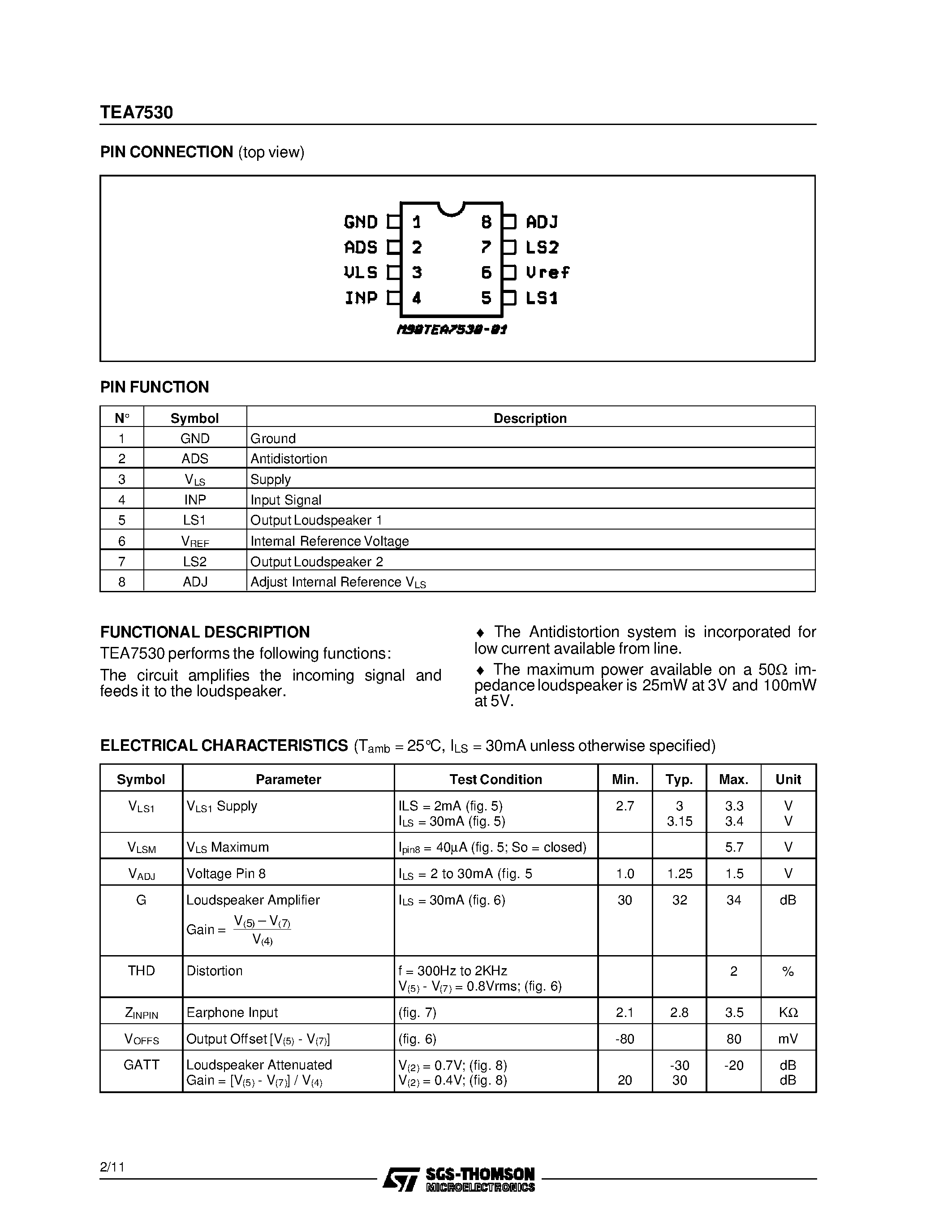 Datasheet TEA7530DP - MONITOR AMPLIFIER page 2