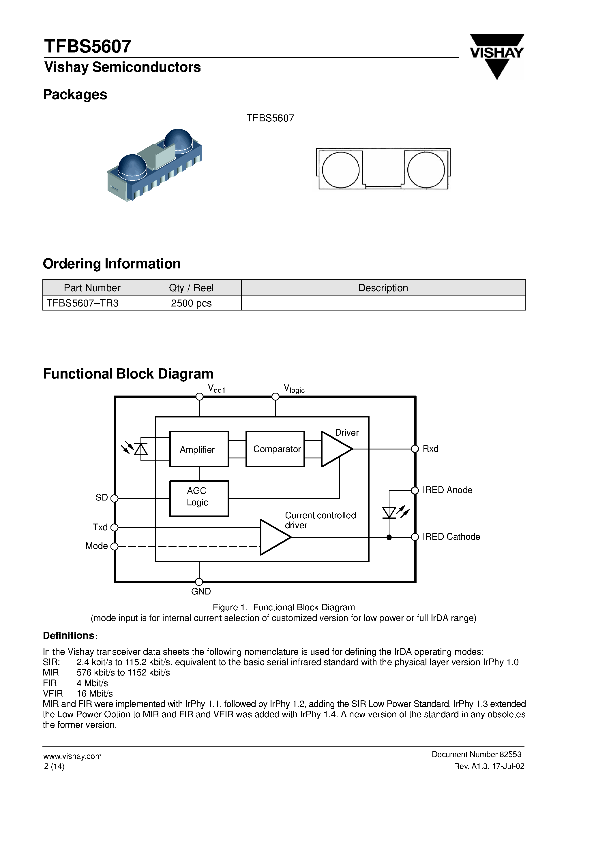 Datasheet TFBS5607 - Integrated Low Profile Transceiver Module for Telekom Applications 9.6 kbit/s to 1.152 Mbit/s Data Transmission Rate page 2