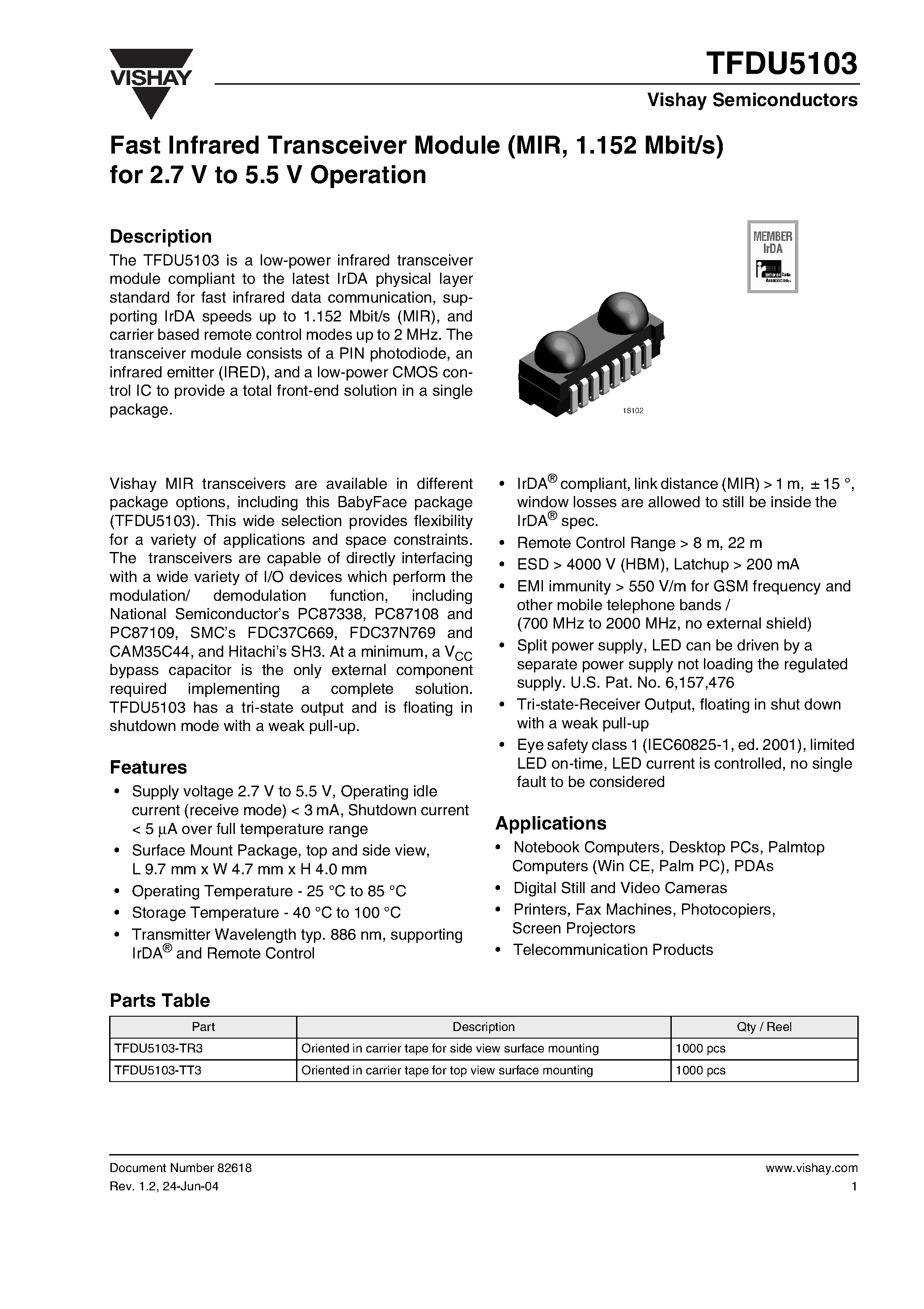 Даташит TFDU5103 - Fast Infrared Transceiver Module (MIR/ 1.152 Mbit/s) for 2.7 V to 5.5 V Operation страница 1