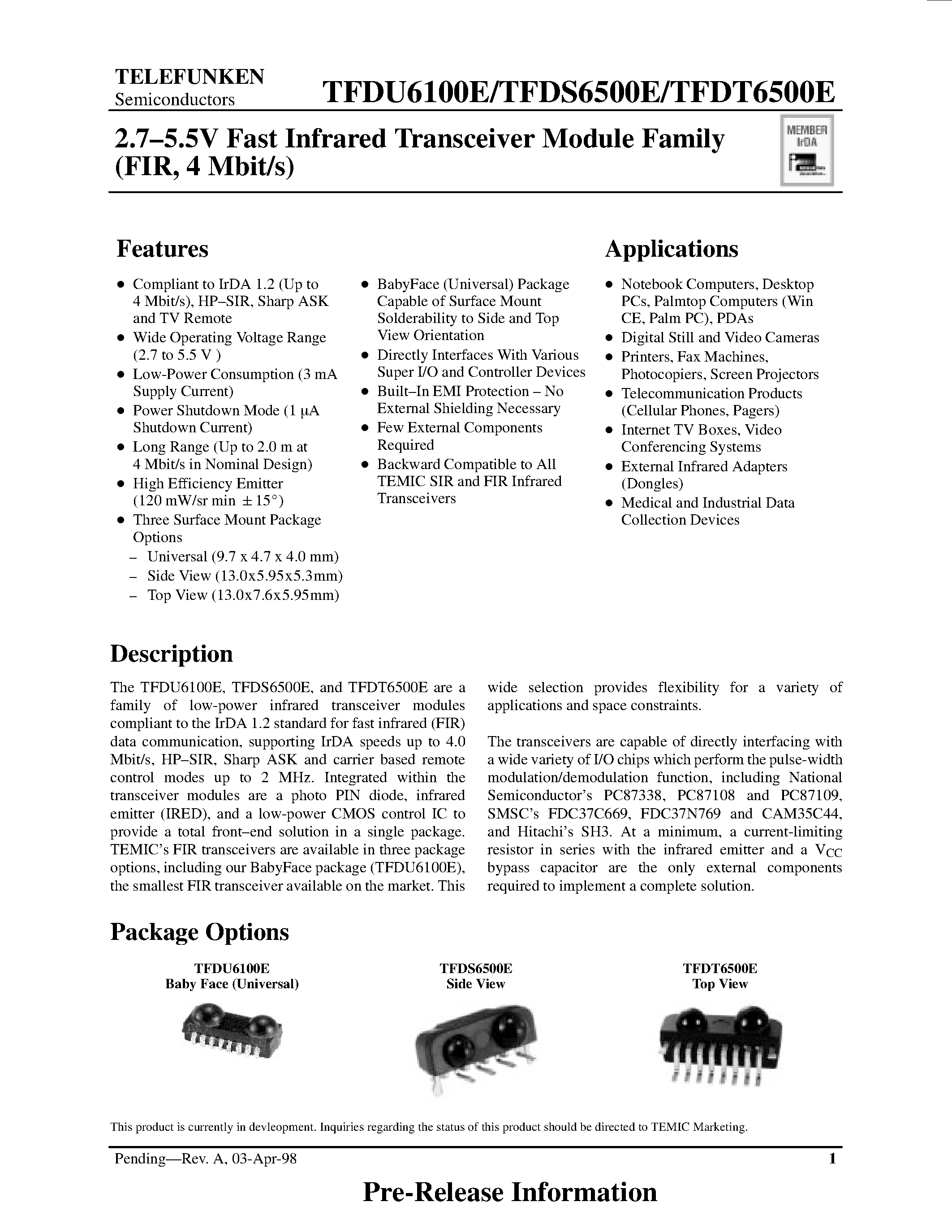 Даташит TFDU6100E - 2.7-5.5V Fast Infrared Transceiver Module Family страница 1