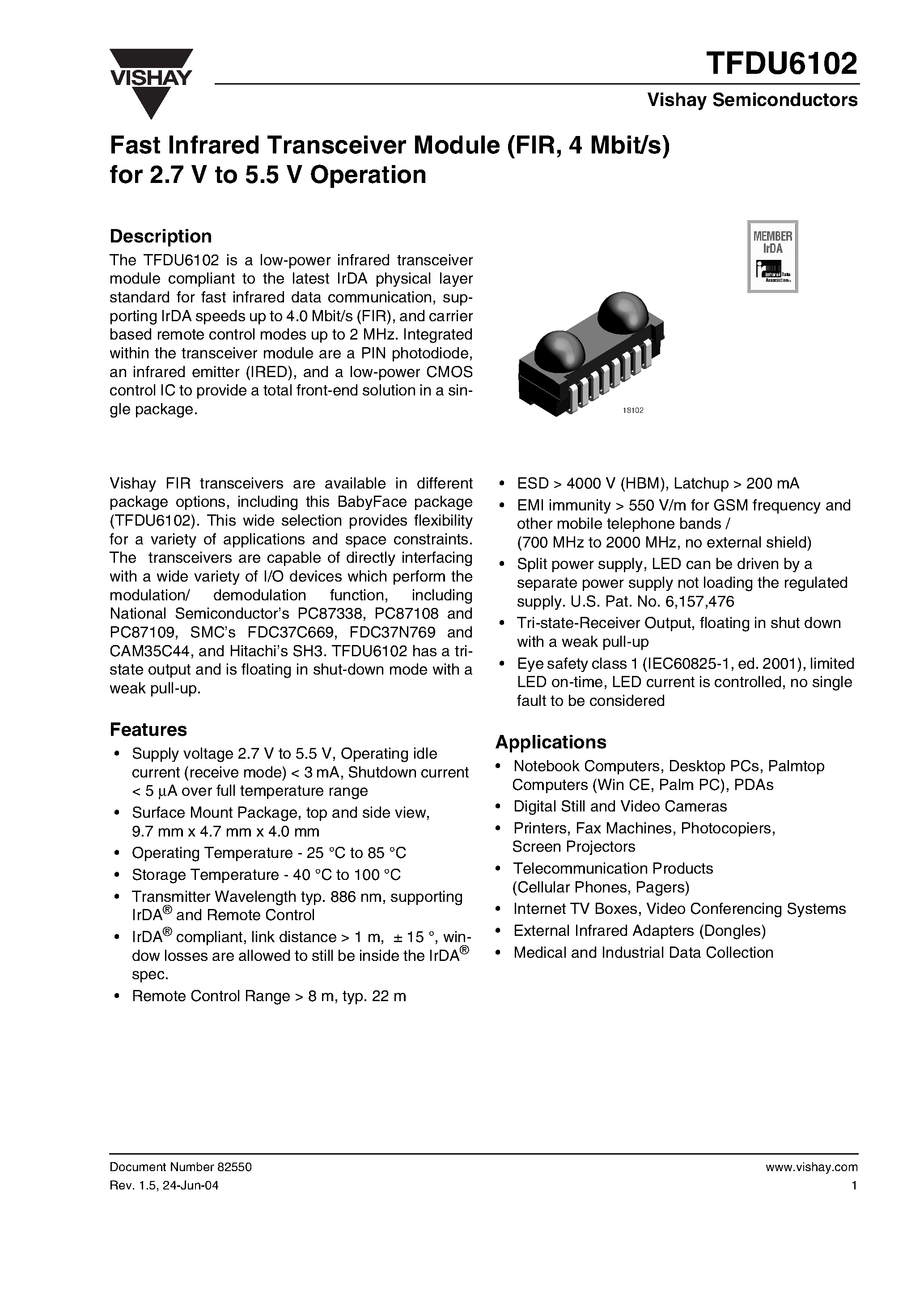 Даташит TFDU6102 - Fast Infrared Transceiver Module (FIR/ 4 Mbit/s) for 2.7 V to 5.5 V Operation страница 1