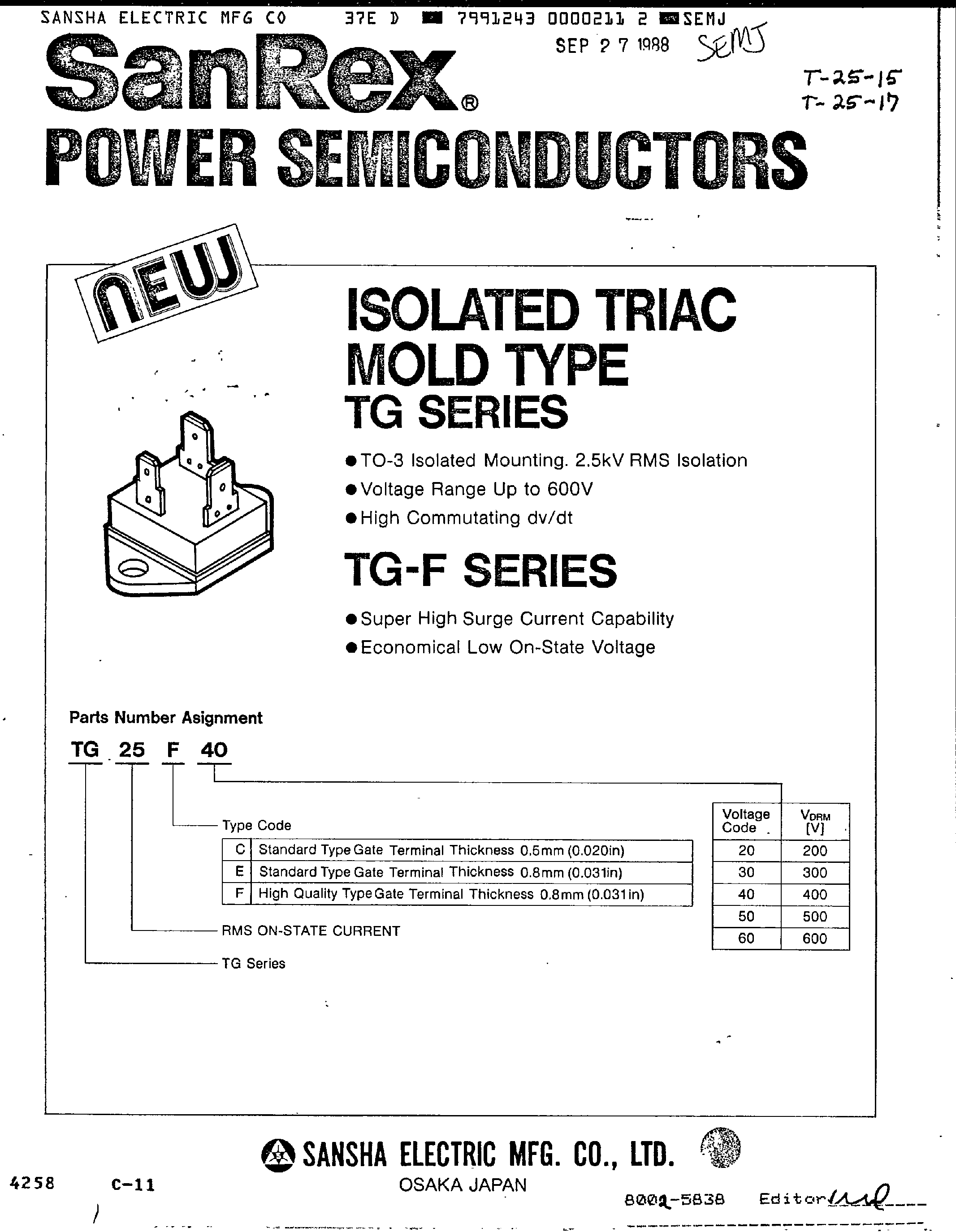 Datasheet TG25C60 - ISOLATED TRIAC MOLD TYPE page 1