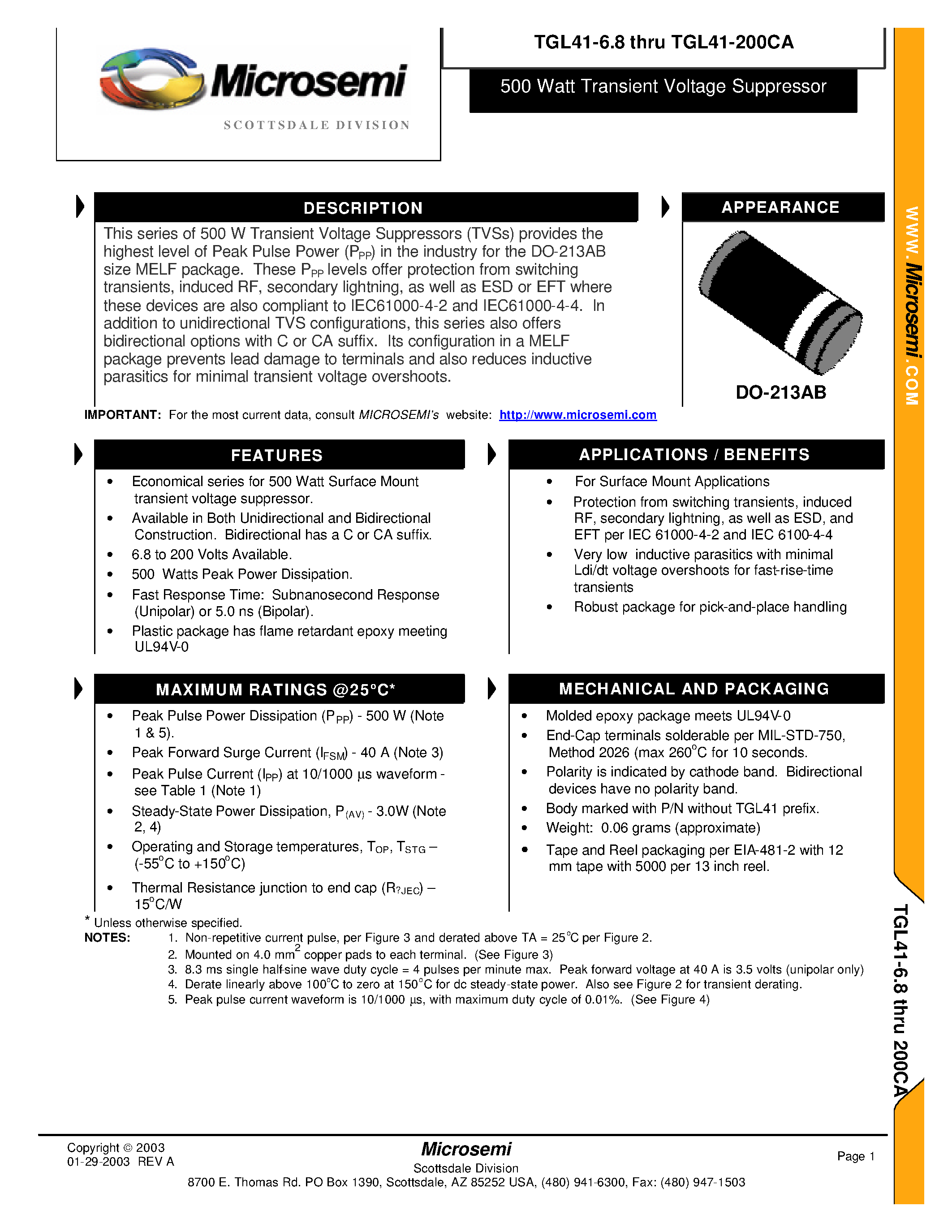 Datasheet TGL41-9.1A - 500 Watt Transient Voltage Suppressor page 1