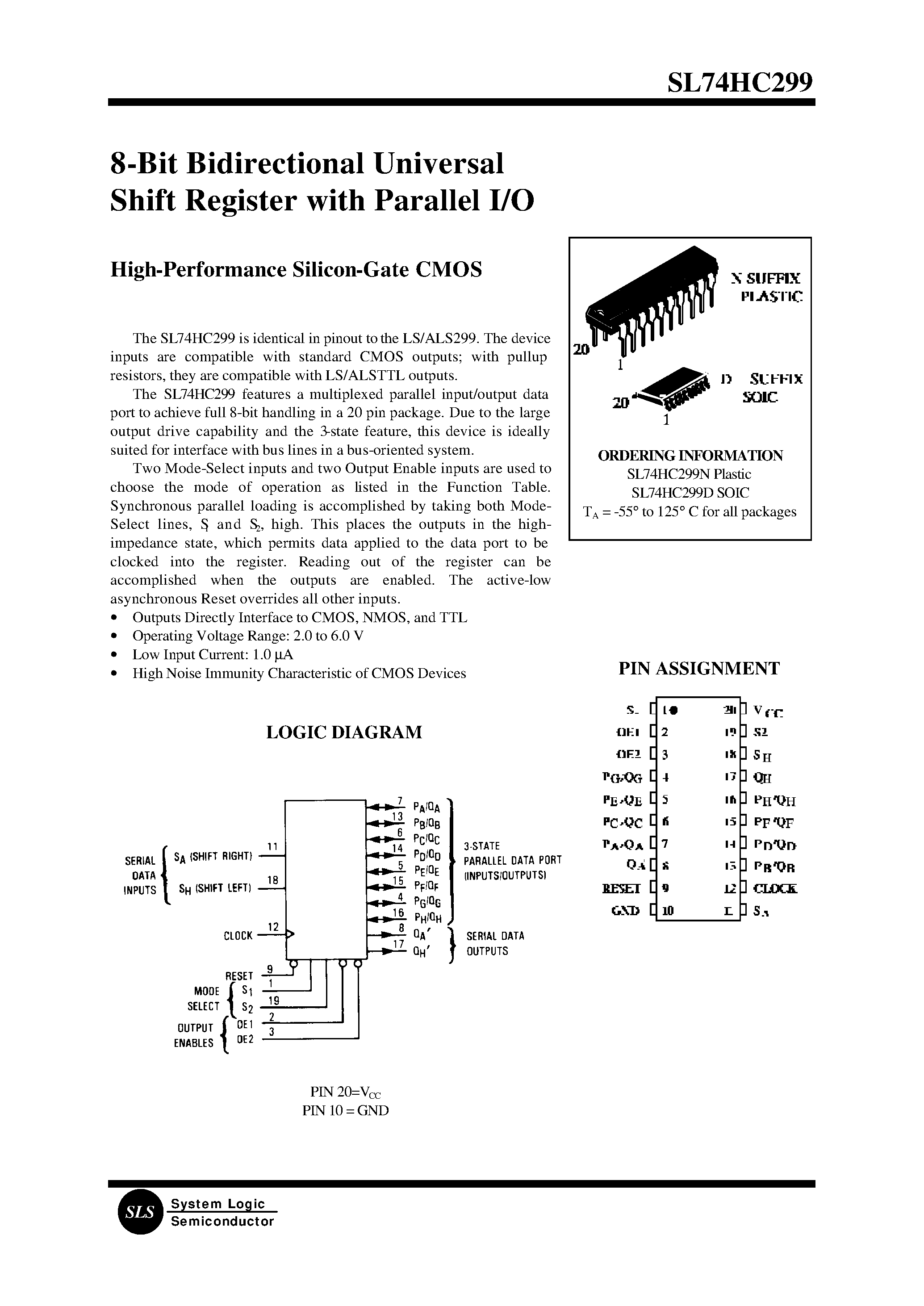 Даташит SL74HC299D - 8-Bit Bidirectional Universal Shift Register with Parallel I/O страница 1
