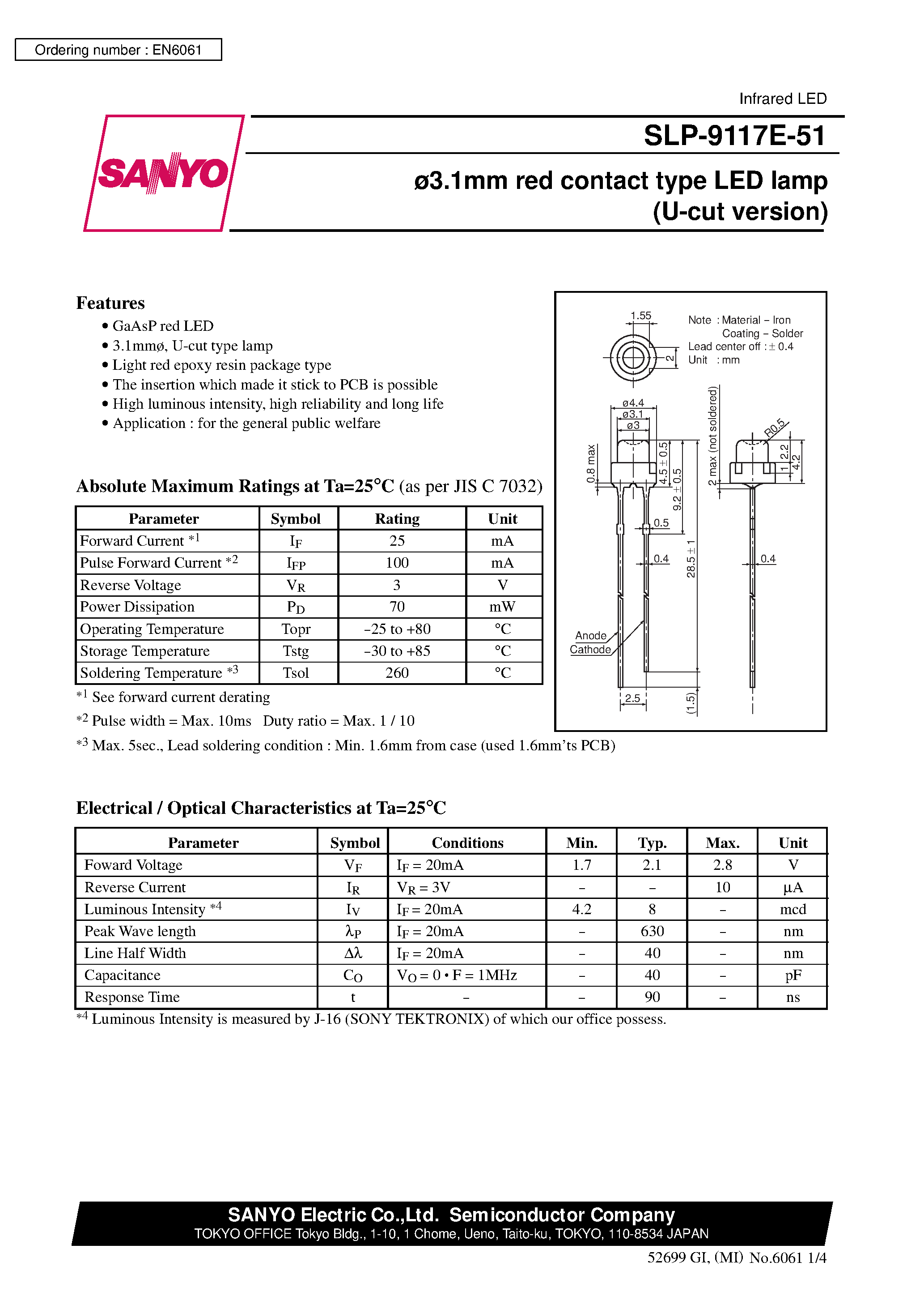 Datasheet SLP-9117E-51 - 3.1mm red contact type LED lamp (U-cut version) page 1