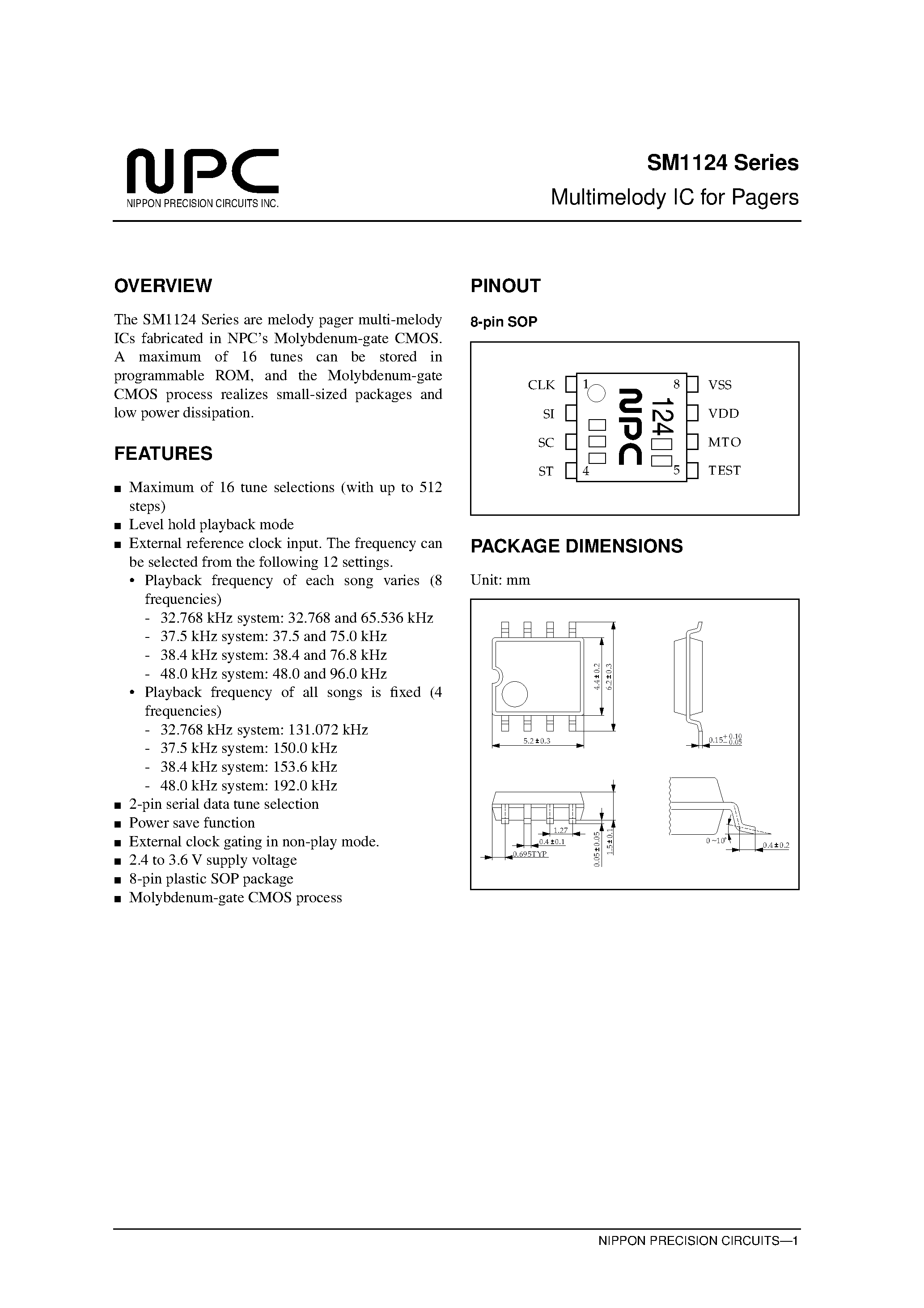 Даташит SM1124 - Multimelody IC for Pagers страница 1