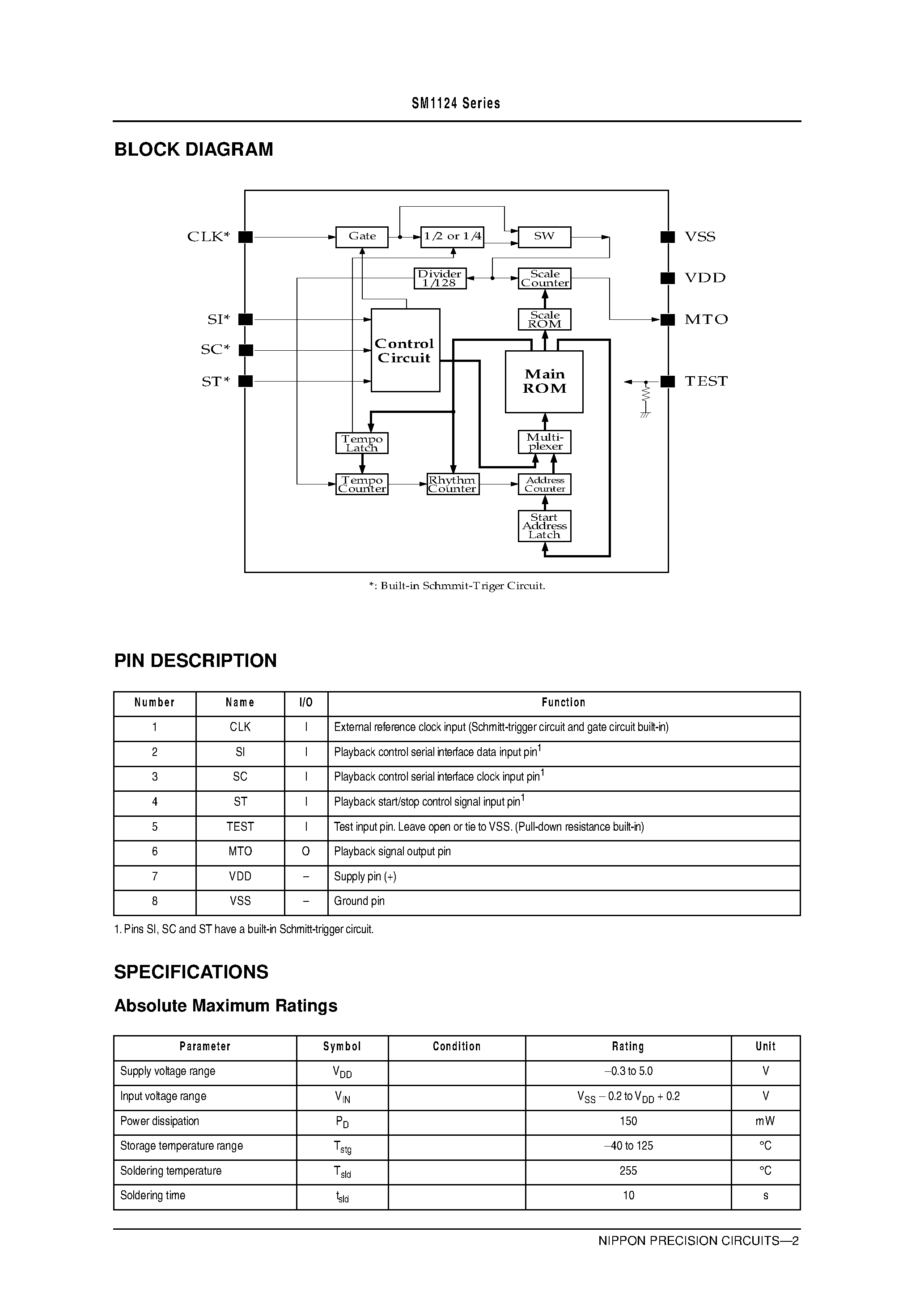 Datasheet SM1124 - Multimelody IC for Pagers page 2
