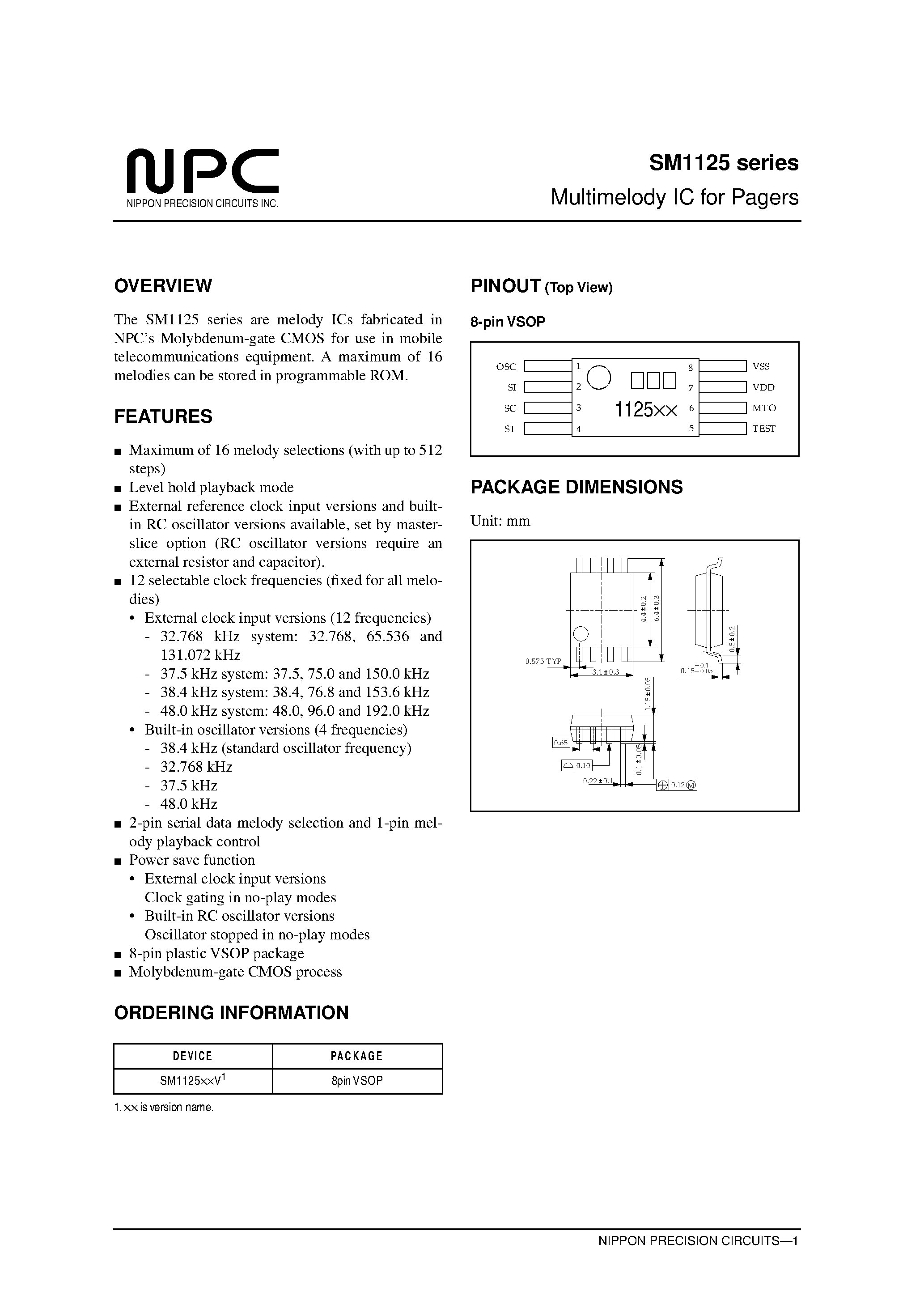 Datasheet SM1125 - Multimelody IC for Pagers page 1