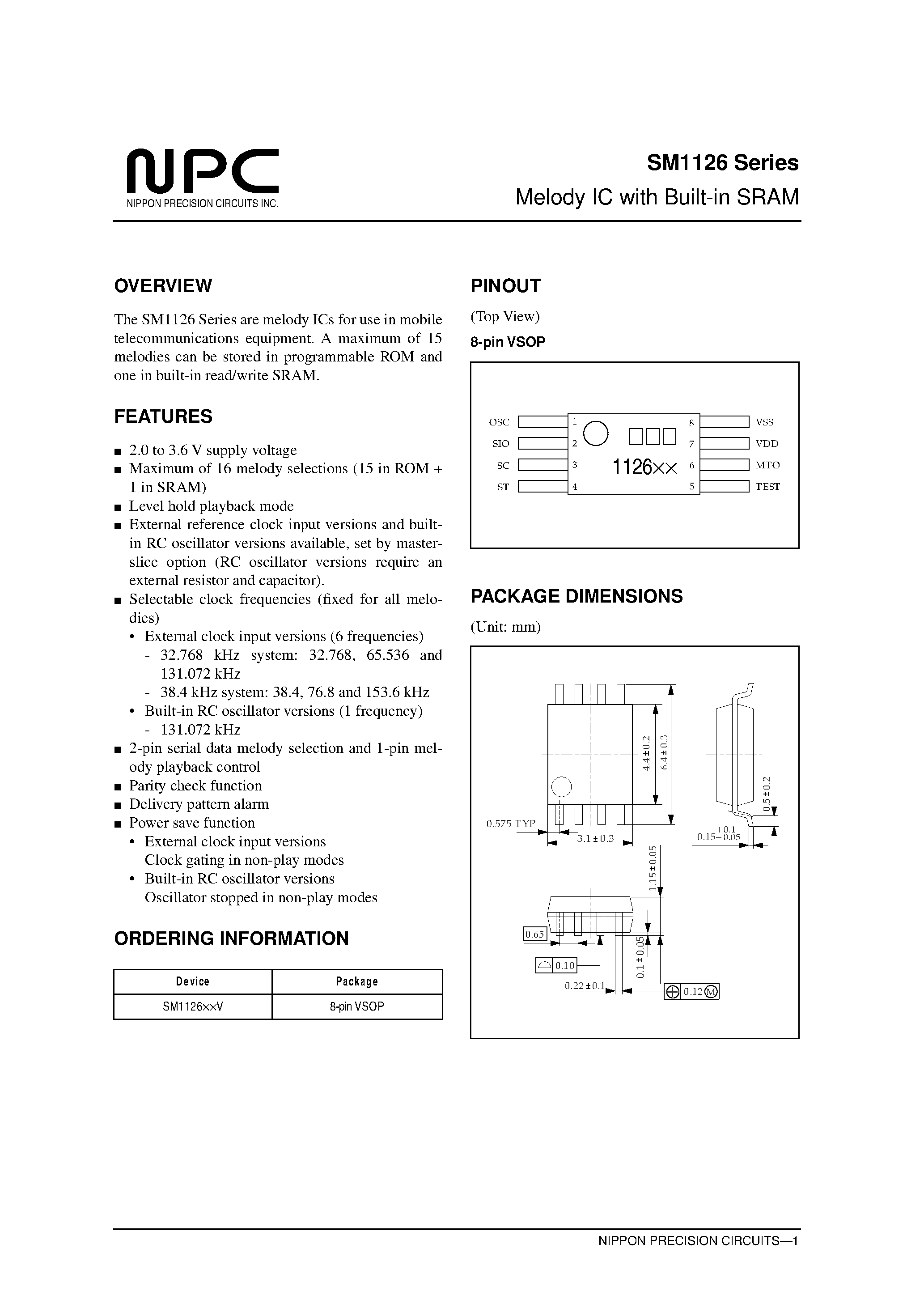Datasheet SM1126 - Melody IC with Built-in SRAM page 1