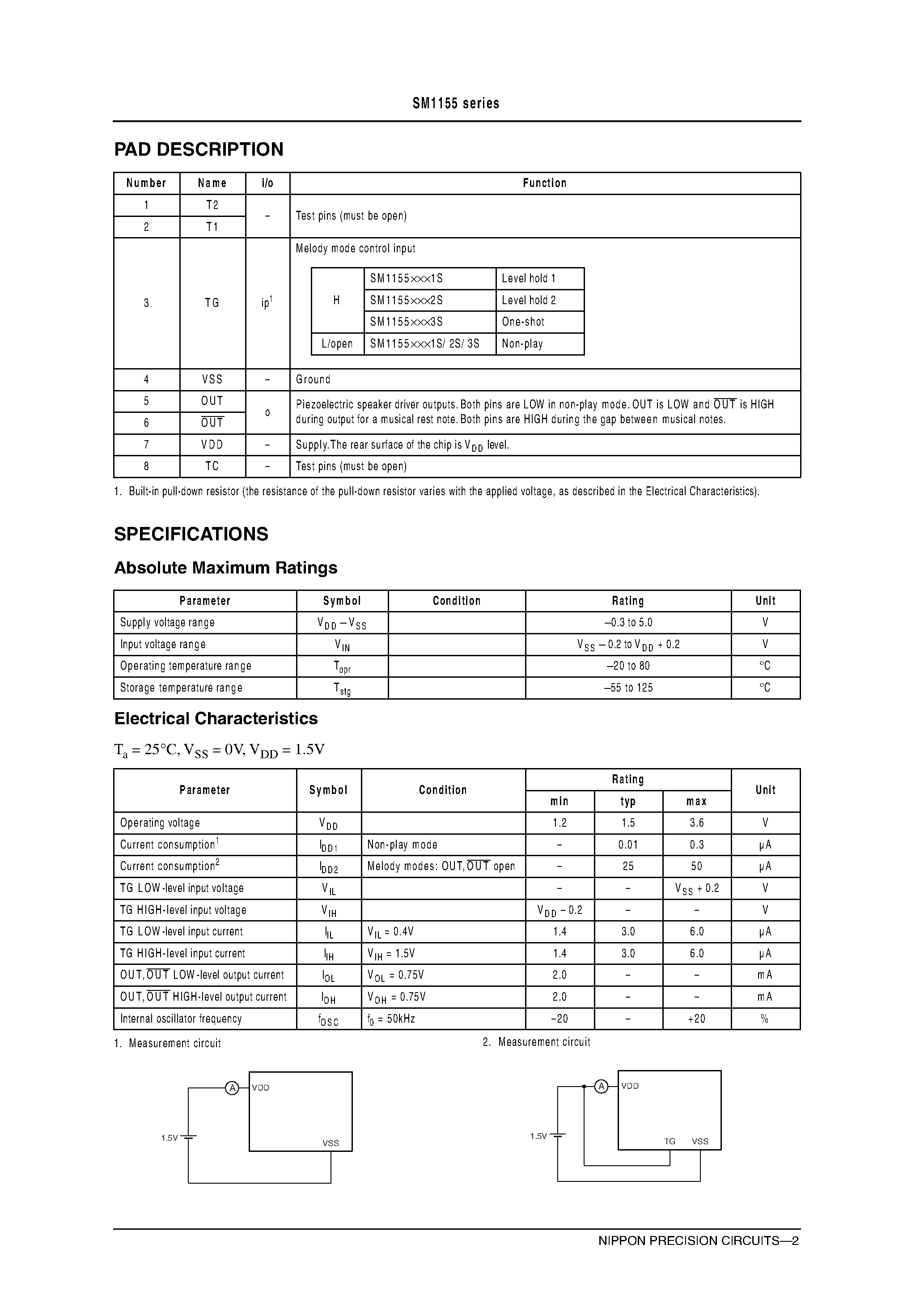 Datasheet SM1155 - Melody LSIs page 2