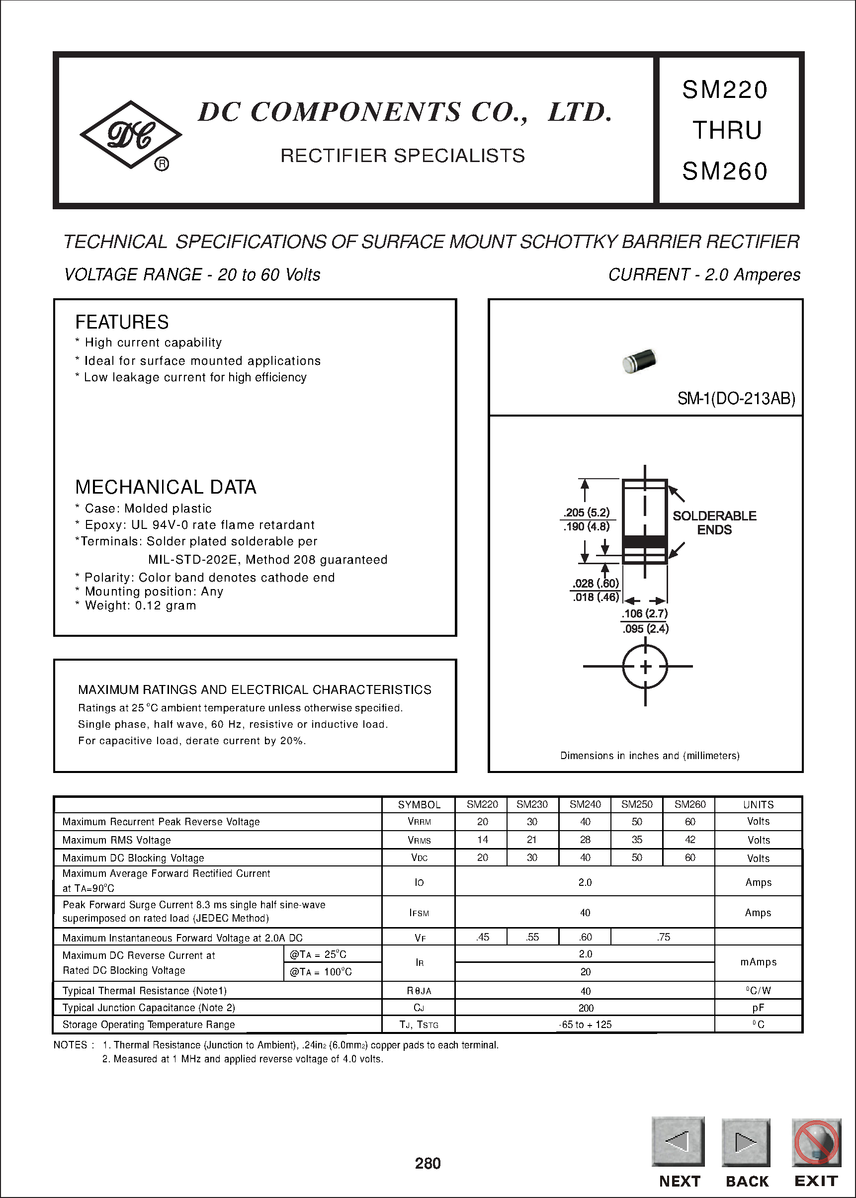 Datasheet SM220 - TECHNICAL SPECIFICATIONS OF SURFACE MOUNT SCHOTTKY BARRIER RECTIFIER page 1